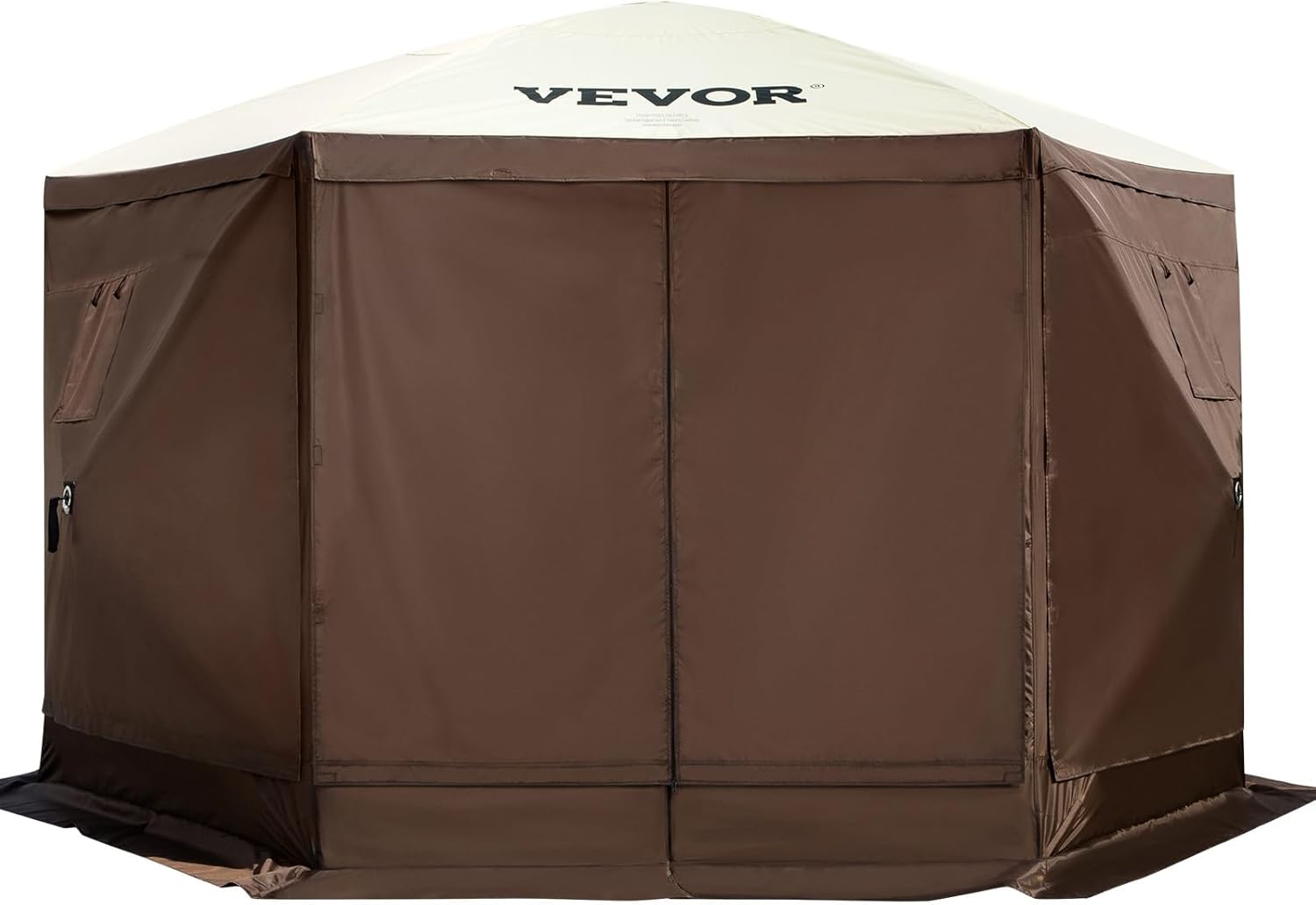 VEVOR 12 * 12ft 6 Sided Pop-up Canopy Shelter Tent with Mesh Windows, Portable Carry Bag, Stakes, Large Shade Tents for Outdoor Camping, Lawn and Backyard, Brown/Beige VEVOR 12 * 12ft 6 Sided Pop-up Canopy Shelter Tent with Mesh Windows, Portable Carry Bag, Stakes, Large Shade Tents for Outdoor Camping, Lawn and Backyard, Brown/Beige