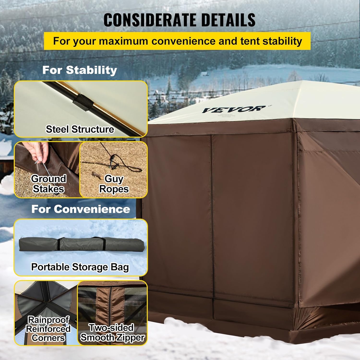 VEVOR 12 * 12ft 6 Sided Pop-up Canopy Shelter Tent with Mesh Windows, Portable Carry Bag, Stakes, Large Shade Tents for Outdoor Camping, Lawn and Backyard, Brown/Beige VEVOR 12 * 12ft 6 Sided Pop-up Canopy Shelter Tent with Mesh Windows, Portable Carry Bag, Stakes, Large Shade Tents for Outdoor Camping, Lawn and Backyard, Brown/Beige
