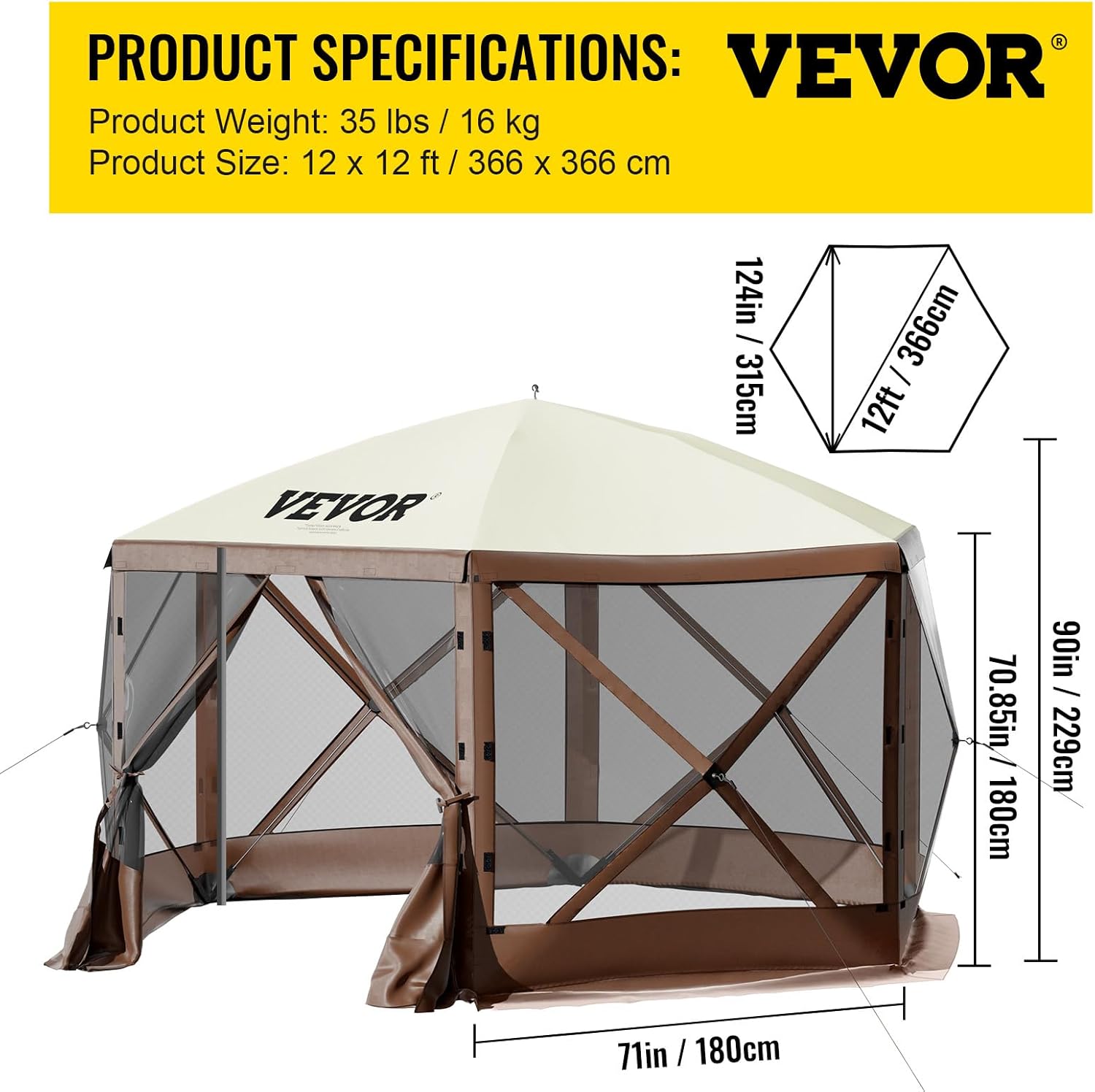 VEVOR 12 * 12ft 6 Sided Pop-up Canopy Shelter Tent with Mesh Windows, Portable Carry Bag, Stakes, Large Shade Tents for Outdoor Camping, Lawn and Backyard, Brown/Beige VEVOR 12 * 12ft 6 Sided Pop-up Canopy Shelter Tent with Mesh Windows, Portable Carry Bag, Stakes, Large Shade Tents for Outdoor Camping, Lawn and Backyard, Brown/Beige
