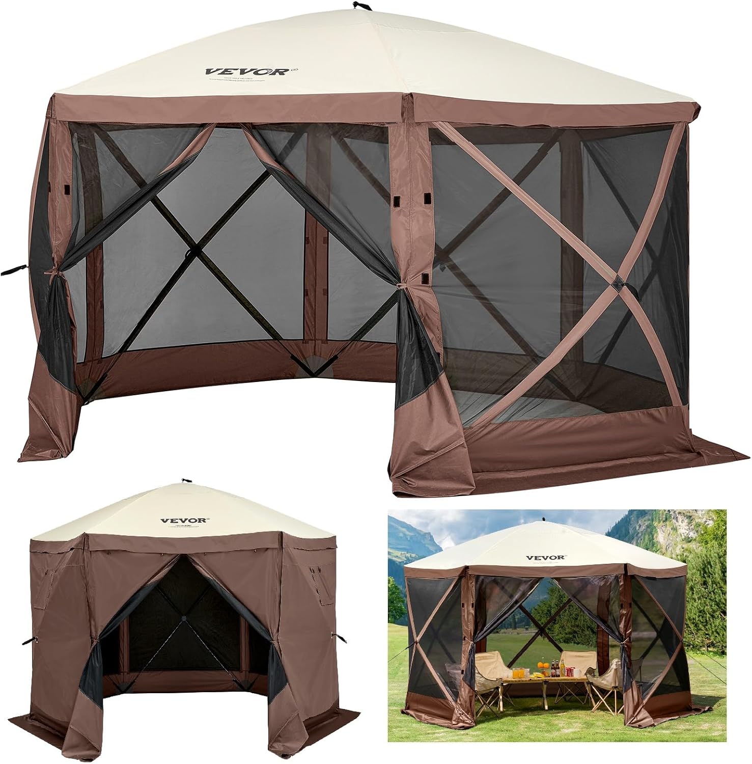 VEVOR 12 * 12ft 6 Sided Pop-up Canopy Shelter Tent with Mesh Windows, Portable Carry Bag, Stakes, Large Shade Tents for Outdoor Camping, Lawn and Backyard, Brown/Beige VEVOR 12 * 12ft 6 Sided Pop-up Canopy Shelter Tent with Mesh Windows, Portable Carry Bag, Stakes, Large Shade Tents for Outdoor Camping, Lawn and Backyard, Brown/Beige