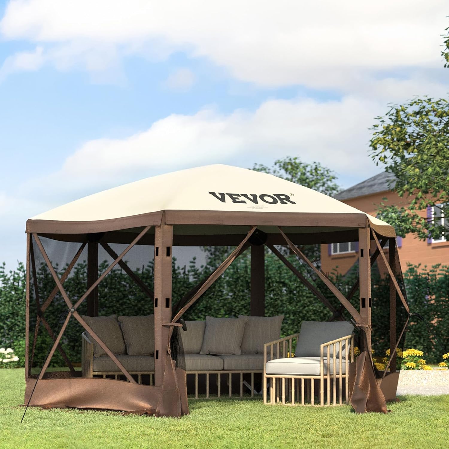 VEVOR 12 * 12ft 6 Sided Pop-up Canopy Shelter Tent with Mesh Windows, Portable Carry Bag, Stakes, Large Shade Tents for Outdoor Camping, Lawn and Backyard, Brown/Beige VEVOR 12 * 12ft 6 Sided Pop-up Canopy Shelter Tent with Mesh Windows, Portable Carry Bag, Stakes, Large Shade Tents for Outdoor Camping, Lawn and Backyard, Brown/Beige