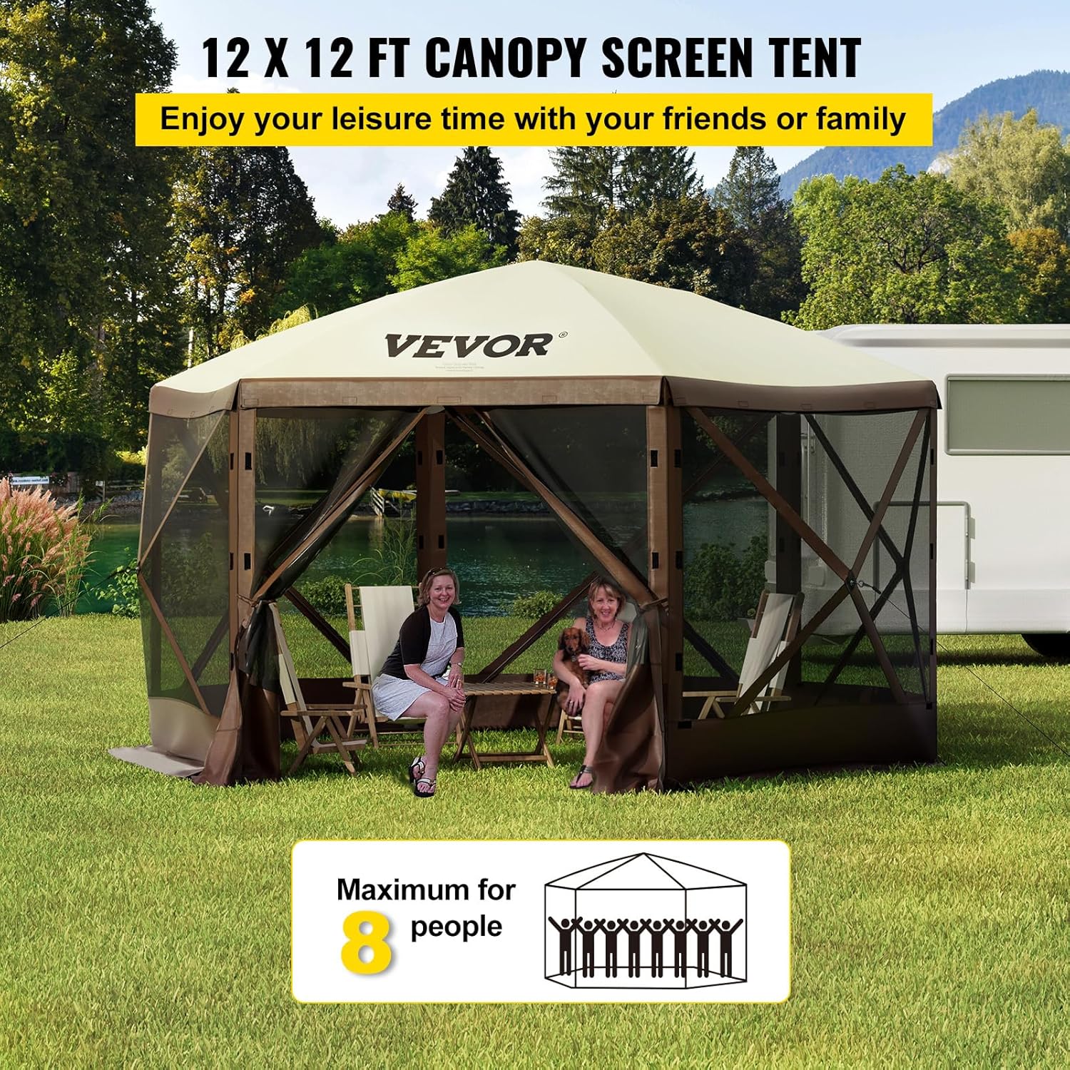 VEVOR 12 * 12ft 6 Sided Pop-up Canopy Shelter Tent with Mesh Windows, Portable Carry Bag, Stakes, Large Shade Tents for Outdoor Camping, Lawn and Backyard, Brown/Beige VEVOR 12 * 12ft 6 Sided Pop-up Canopy Shelter Tent with Mesh Windows, Portable Carry Bag, Stakes, Large Shade Tents for Outdoor Camping, Lawn and Backyard, Brown/Beige