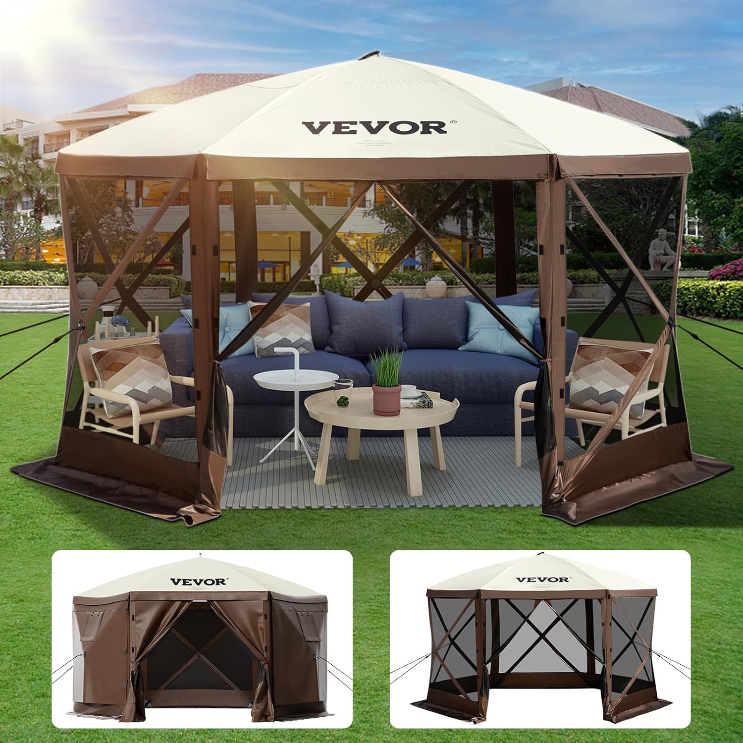 VEVOR 12 * 12ft 6 Sided Pop-up Canopy Shelter Tent with Mesh Windows, Portable Carry Bag, Stakes, Large Shade Tents for Outdoor Camping, Lawn and Backyard, Brown/Beige VEVOR 12 * 12ft 6 Sided Pop-up Canopy Shelter Tent with Mesh Windows, Portable Carry Bag, Stakes, Large Shade Tents for Outdoor Camping, Lawn and Backyard, Brown/Beige