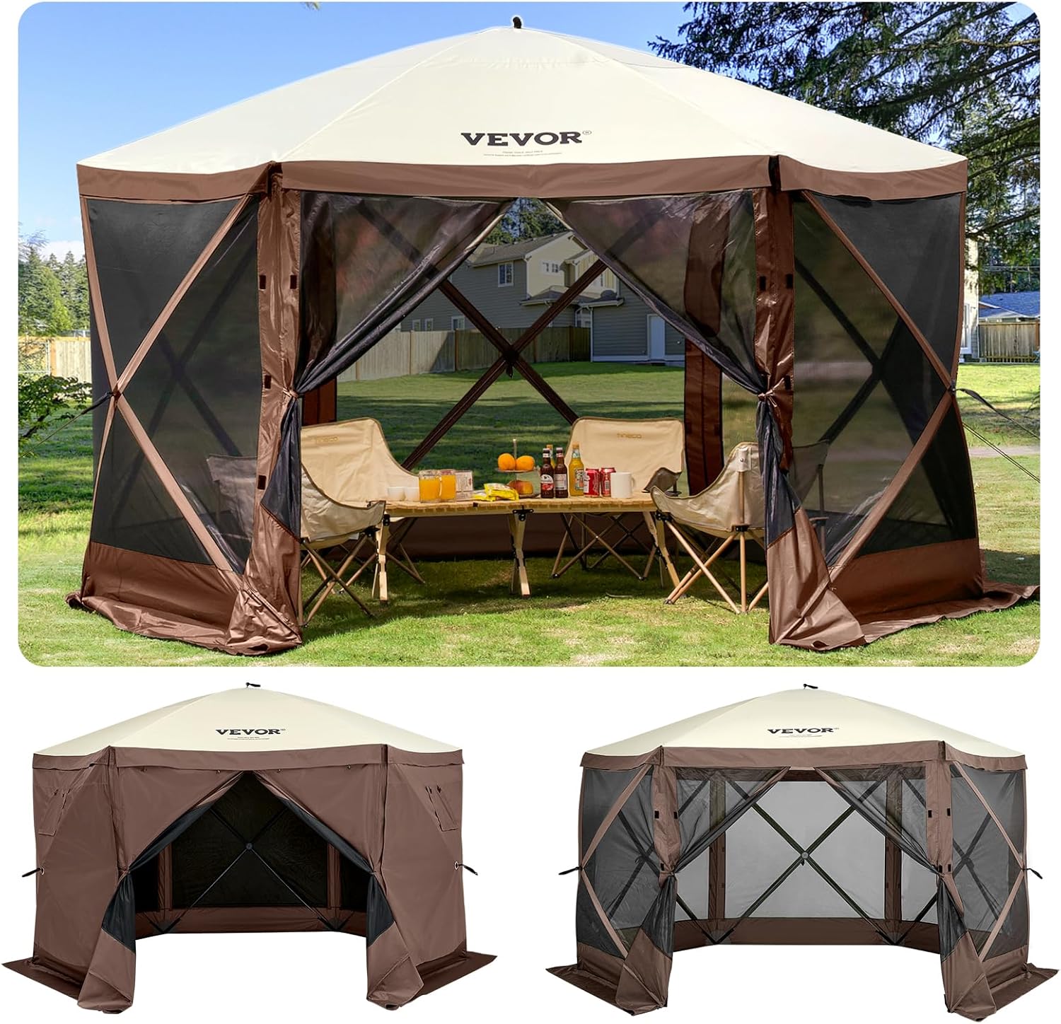VEVOR 12 * 12ft 6 Sided Pop-up Canopy Shelter Tent with Mesh Windows, Portable Carry Bag, Stakes, Large Shade Tents for Outdoor Camping, Lawn and Backyard, Brown/Beige VEVOR 12 * 12ft 6 Sided Pop-up Canopy Shelter Tent with Mesh Windows, Portable Carry Bag, Stakes, Large Shade Tents for Outdoor Camping, Lawn and Backyard, Brown/Beige
