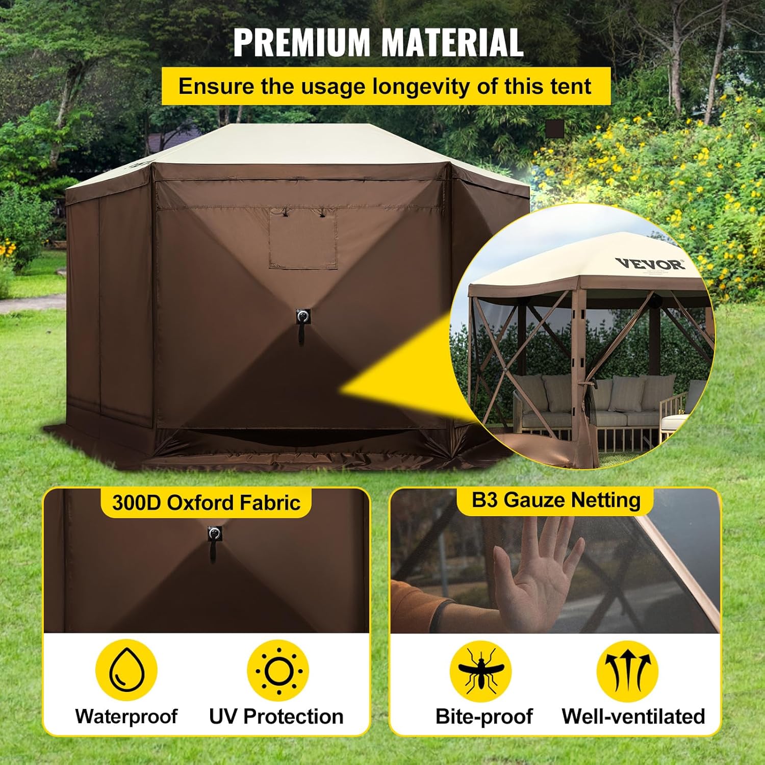 VEVOR 12 * 12ft 6 Sided Pop-up Canopy Shelter Tent with Mesh Windows, Portable Carry Bag, Stakes, Large Shade Tents for Outdoor Camping, Lawn and Backyard, Brown/Beige VEVOR 12 * 12ft 6 Sided Pop-up Canopy Shelter Tent with Mesh Windows, Portable Carry Bag, Stakes, Large Shade Tents for Outdoor Camping, Lawn and Backyard, Brown/Beige