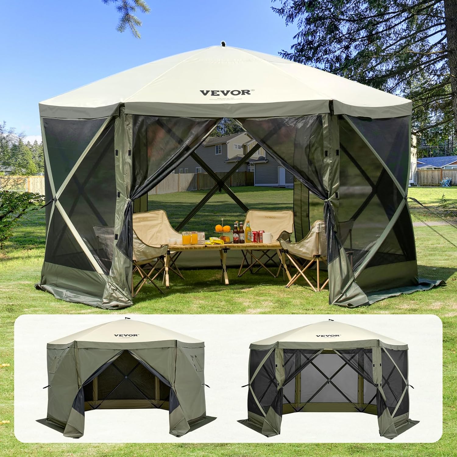 VEVOR 12 * 12ft 6 Sided Pop-up Canopy Shelter Tent with Mesh Windows, Portable Carry Bag, Stakes, Large Shade Tents for Outdoor Camping, Lawn and Backyard, Brown/Beige VEVOR 12 * 12ft 6 Sided Pop-up Canopy Shelter Tent with Mesh Windows, Portable Carry Bag, Stakes, Large Shade Tents for Outdoor Camping, Lawn and Backyard, Brown/Beige