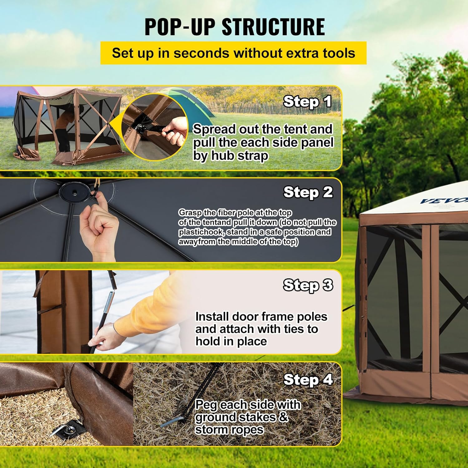 VEVOR 12 * 12ft 6 Sided Pop-up Canopy Shelter Tent with Mesh Windows, Portable Carry Bag, Stakes, Large Shade Tents for Outdoor Camping, Lawn and Backyard, Brown/Beige VEVOR 12 * 12ft 6 Sided Pop-up Canopy Shelter Tent with Mesh Windows, Portable Carry Bag, Stakes, Large Shade Tents for Outdoor Camping, Lawn and Backyard, Brown/Beige