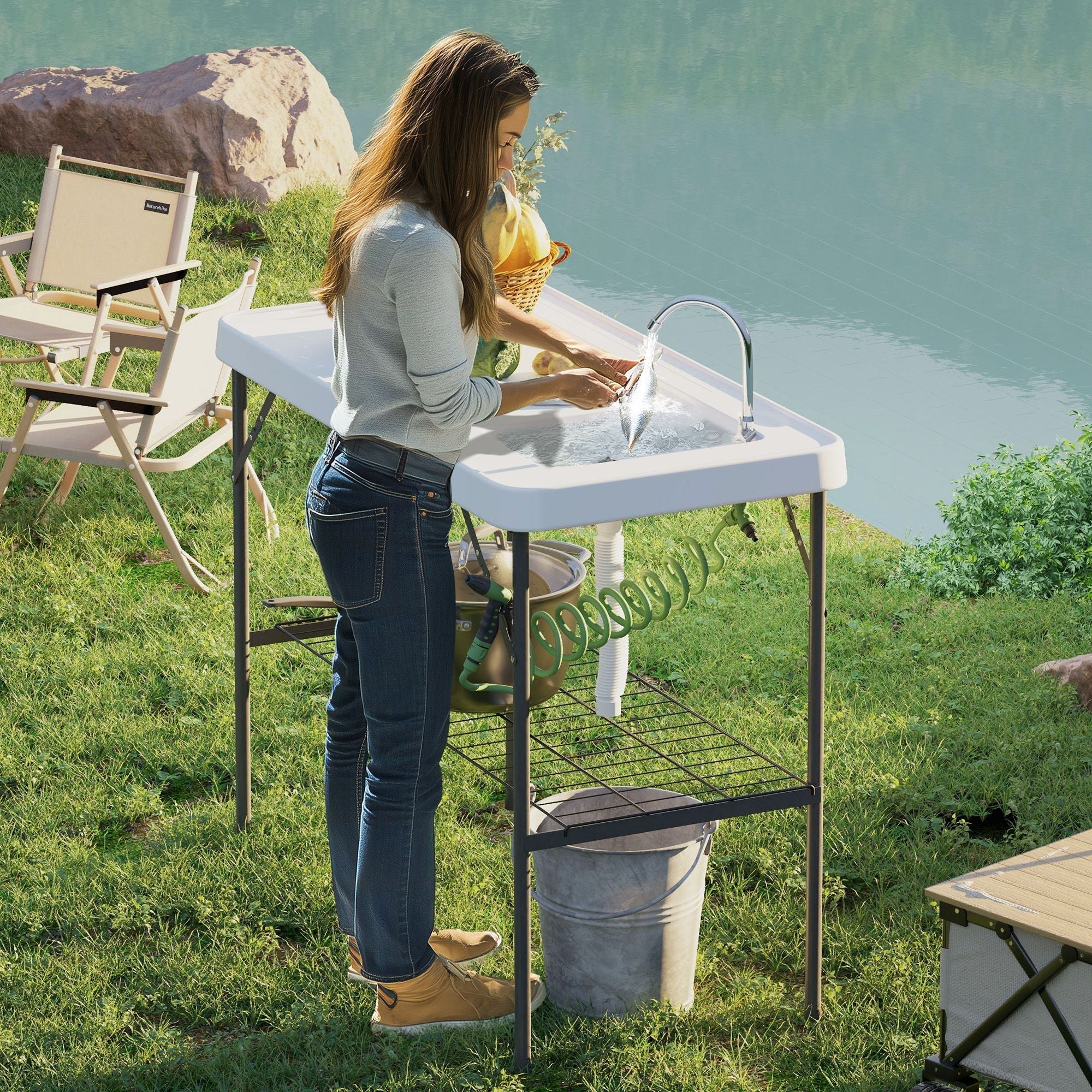 Outsunny Folding Fish Cleaning Table with Sink, Portable Camping Table with Faucet, Drainage Hose, Sprayer and Shelf, White Outsunny Folding Fish Cleaning Table with Sink, Portable Camping Table with Faucet, Drainage Hose, Sprayer and Shelf, White