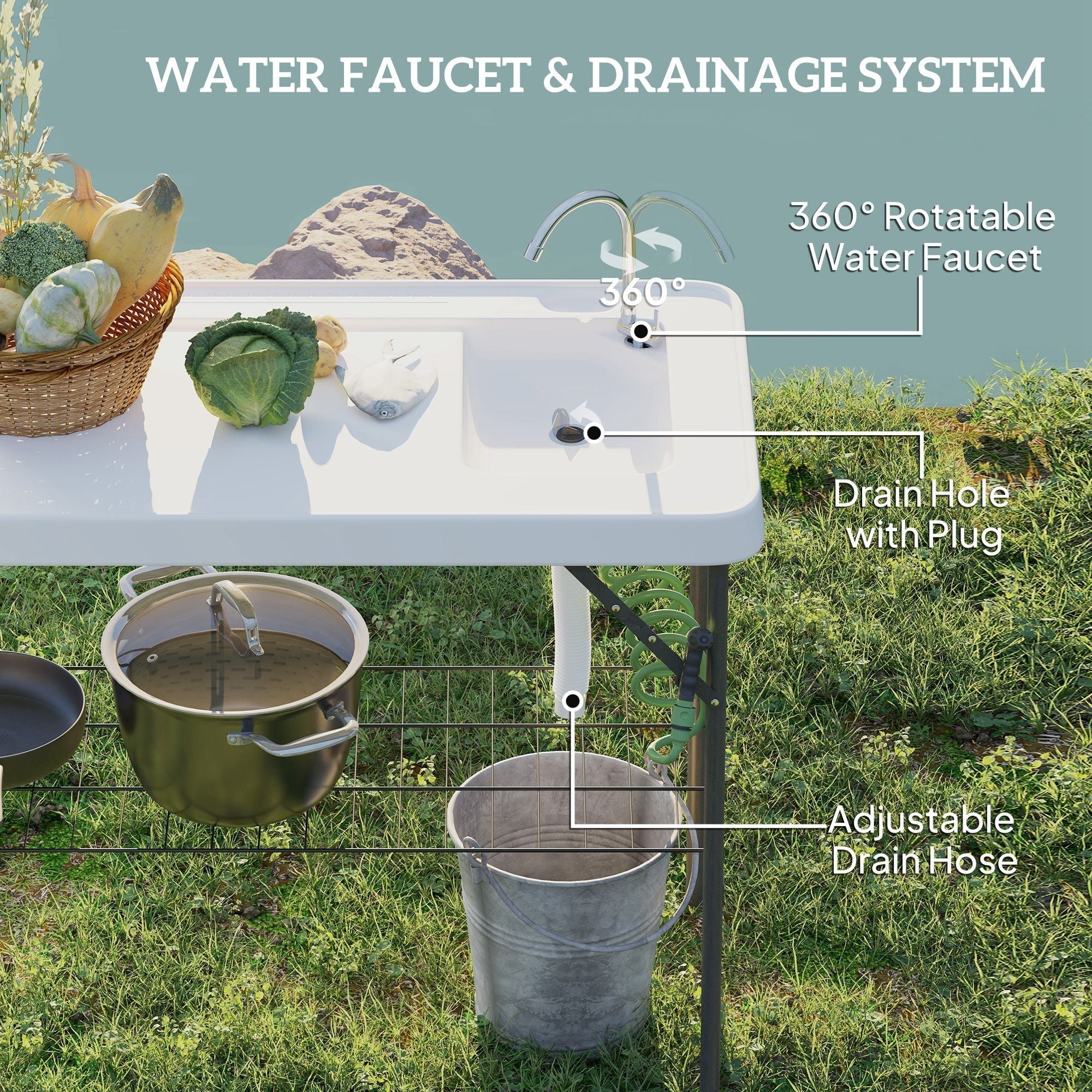 Outsunny Folding Fish Cleaning Table with Sink, Portable Camping Table with Faucet, Drainage Hose, Sprayer and Shelf, White Outsunny Folding Fish Cleaning Table with Sink, Portable Camping Table with Faucet, Drainage Hose, Sprayer and Shelf, White