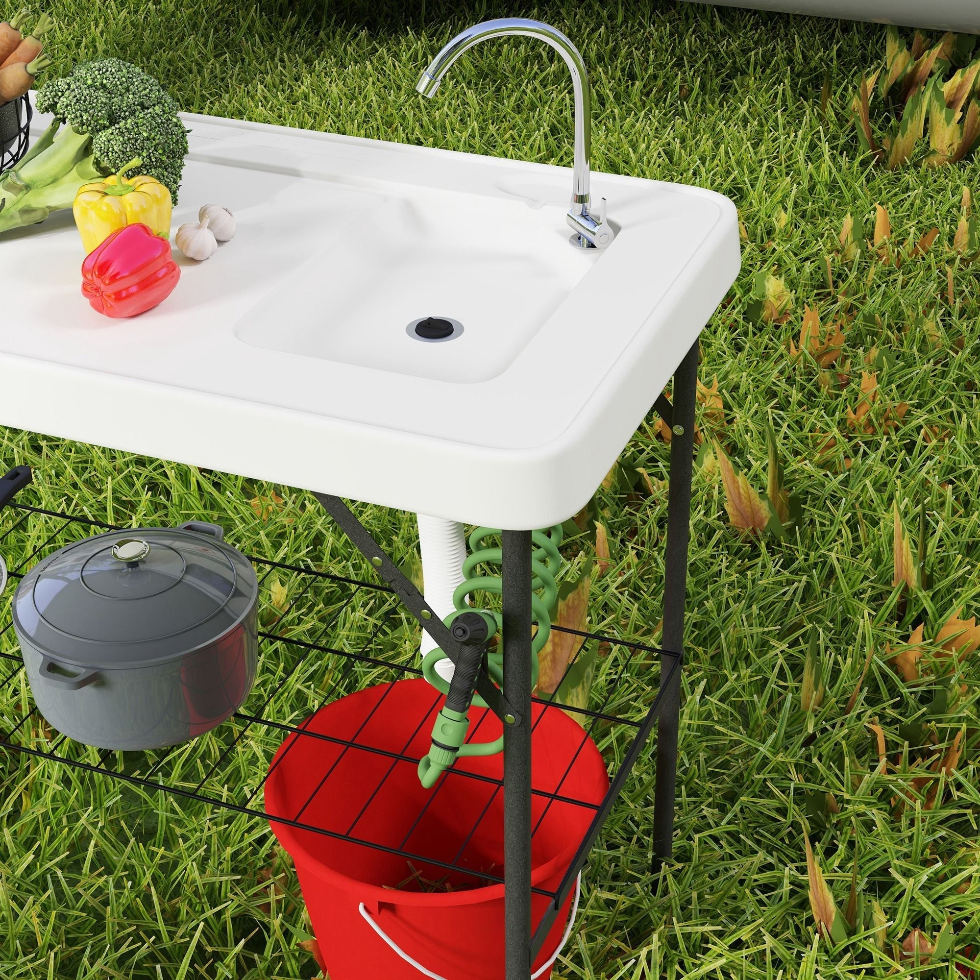 Outsunny Folding Fish Cleaning Table with Sink, Portable Camping Table with Faucet, Drainage Hose, Sprayer and Shelf, White Outsunny Folding Fish Cleaning Table with Sink, Portable Camping Table with Faucet, Drainage Hose, Sprayer and Shelf, White