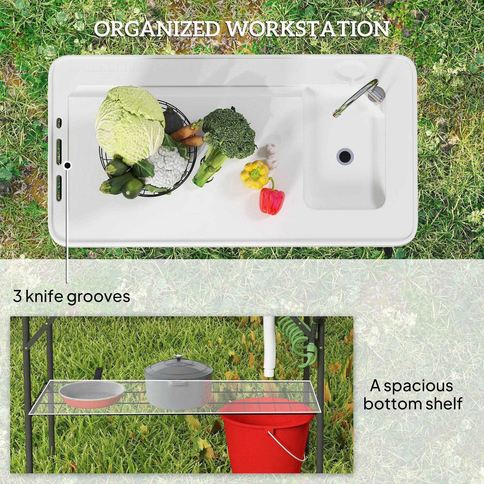 Outsunny Folding Fish Cleaning Table with Sink, Portable Camping Table with Faucet, Drainage Hose, Sprayer and Shelf, White Outsunny Folding Fish Cleaning Table with Sink, Portable Camping Table with Faucet, Drainage Hose, Sprayer and Shelf, White