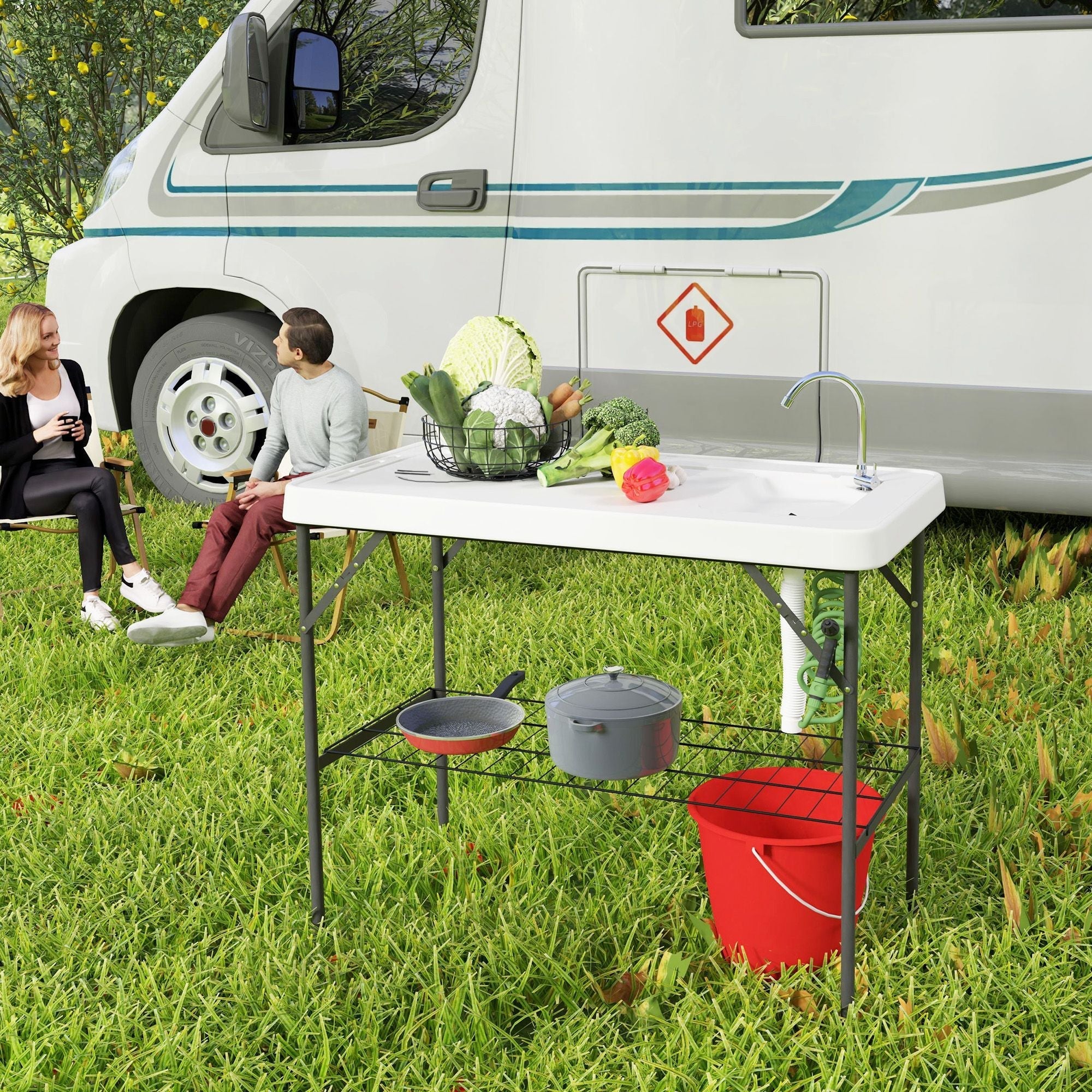 Outsunny Folding Fish Cleaning Table with Sink, Portable Camping Table with Faucet, Drainage Hose, Sprayer and Shelf, White Outsunny Folding Fish Cleaning Table with Sink, Portable Camping Table with Faucet, Drainage Hose, Sprayer and Shelf, White