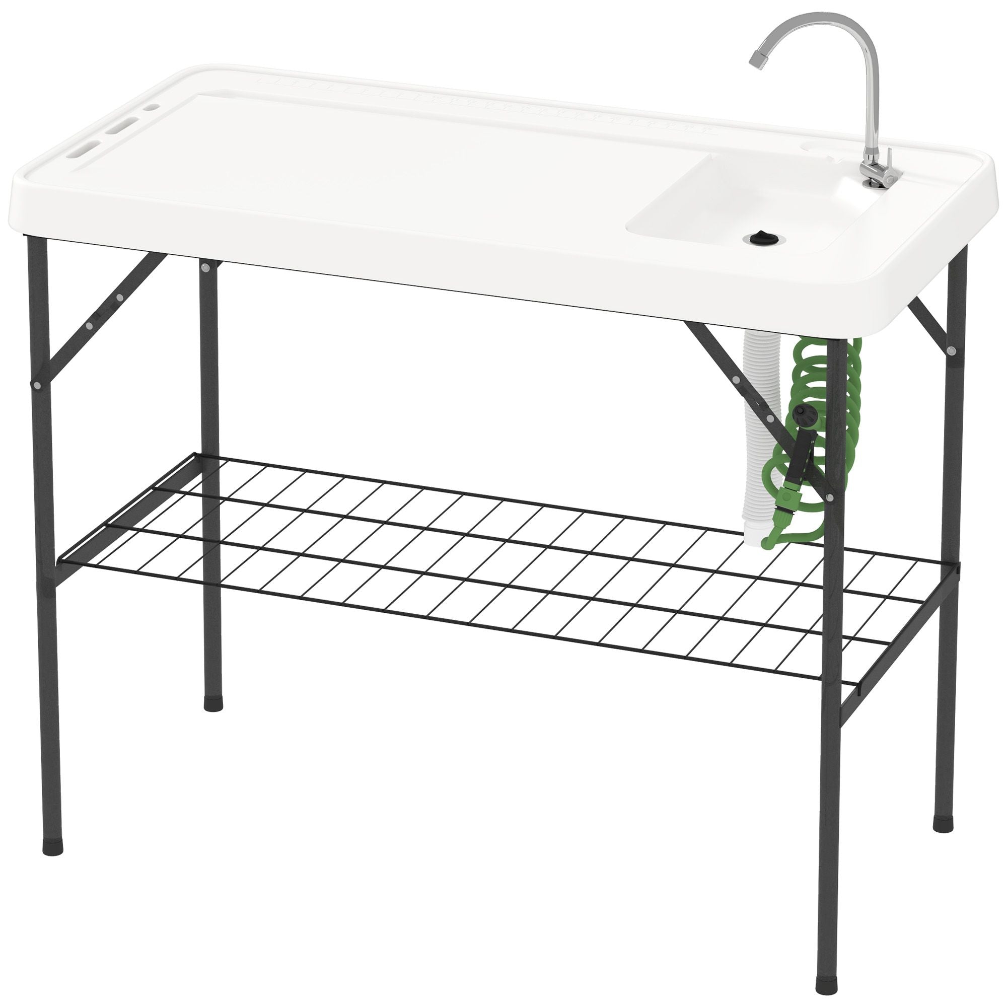 Outsunny Folding Fish Cleaning Table with Sink, Portable Camping Table with Faucet, Drainage Hose, Sprayer and Shelf, White Outsunny Folding Fish Cleaning Table with Sink, Portable Camping Table with Faucet, Drainage Hose, Sprayer and Shelf, White