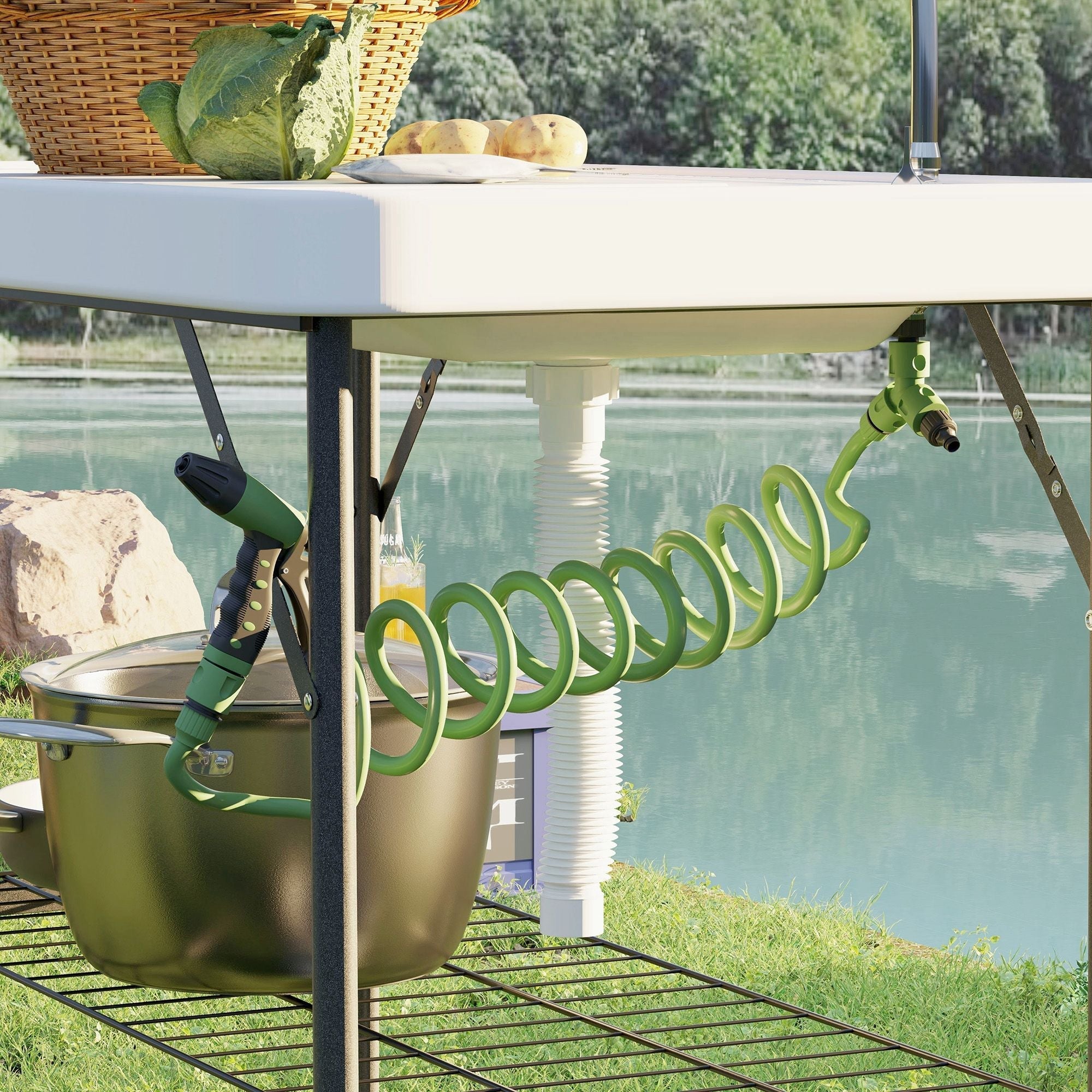 Outsunny Folding Fish Cleaning Table with Sink, Portable Camping Table with Faucet, Drainage Hose, Sprayer and Shelf, White Outsunny Folding Fish Cleaning Table with Sink, Portable Camping Table with Faucet, Drainage Hose, Sprayer and Shelf, White