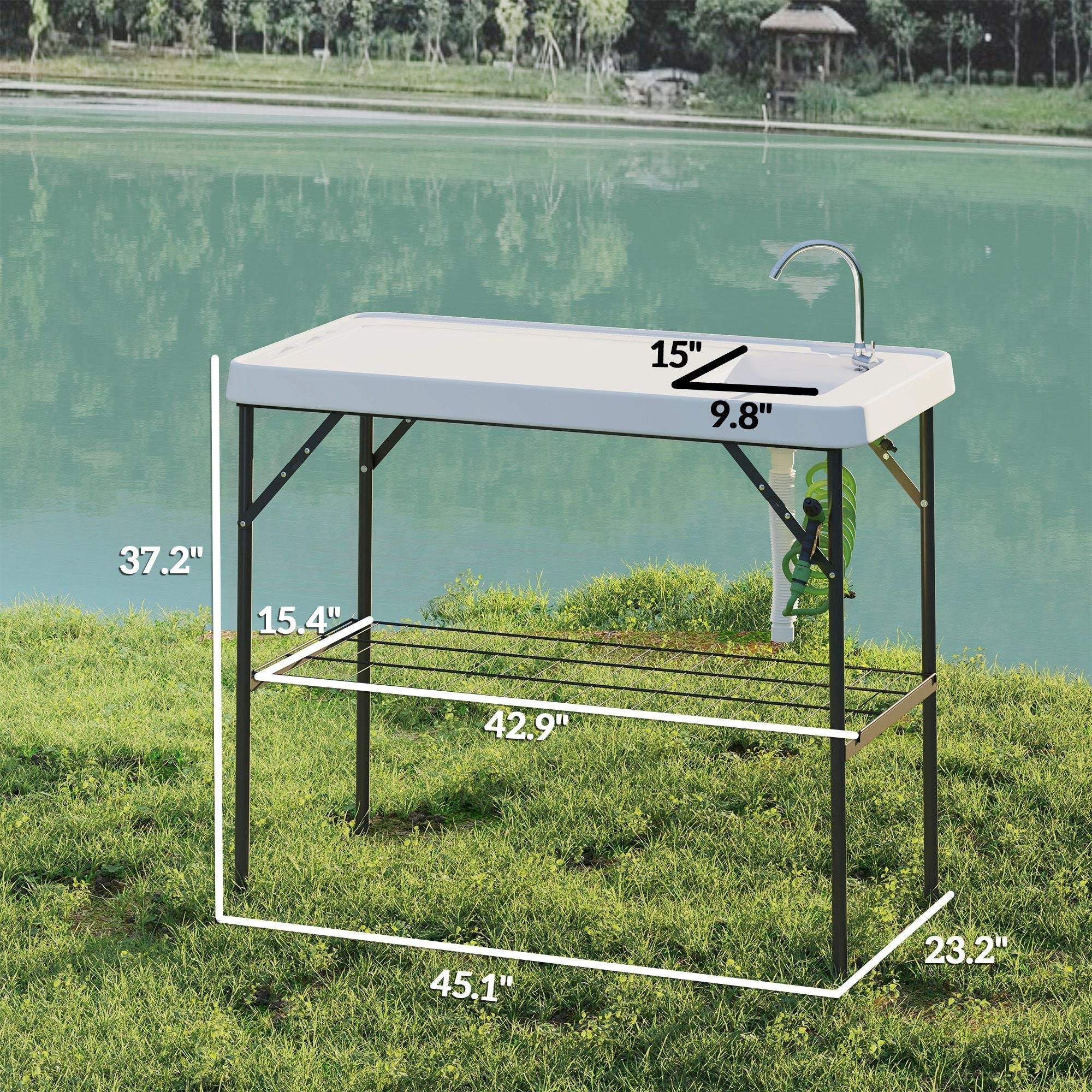 Outsunny Folding Fish Cleaning Table with Sink, Portable Camping Table with Faucet, Drainage Hose, Sprayer and Shelf, White Outsunny Folding Fish Cleaning Table with Sink, Portable Camping Table with Faucet, Drainage Hose, Sprayer and Shelf, White