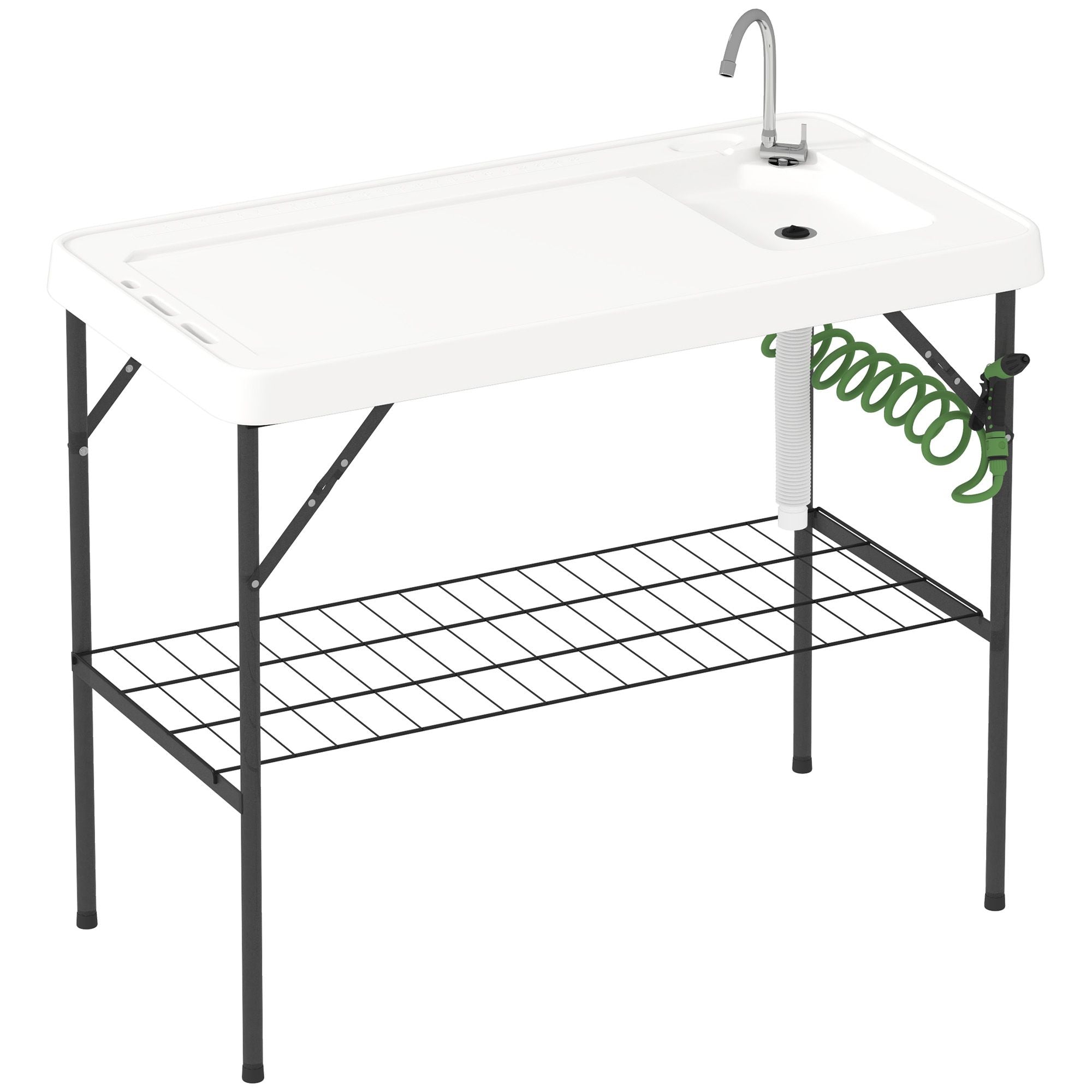 Outsunny Folding Fish Cleaning Table with Sink, Portable Camping Table with Faucet, Drainage Hose, Sprayer and Shelf, White Outsunny Folding Fish Cleaning Table with Sink, Portable Camping Table with Faucet, Drainage Hose, Sprayer and Shelf, White