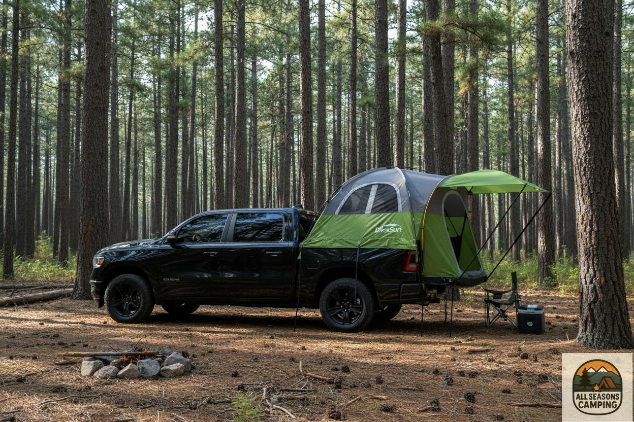 DikaSun green truck bed tent with awning set up on a black pickup truck in a pine forest campsite with All Seasons Camping logo