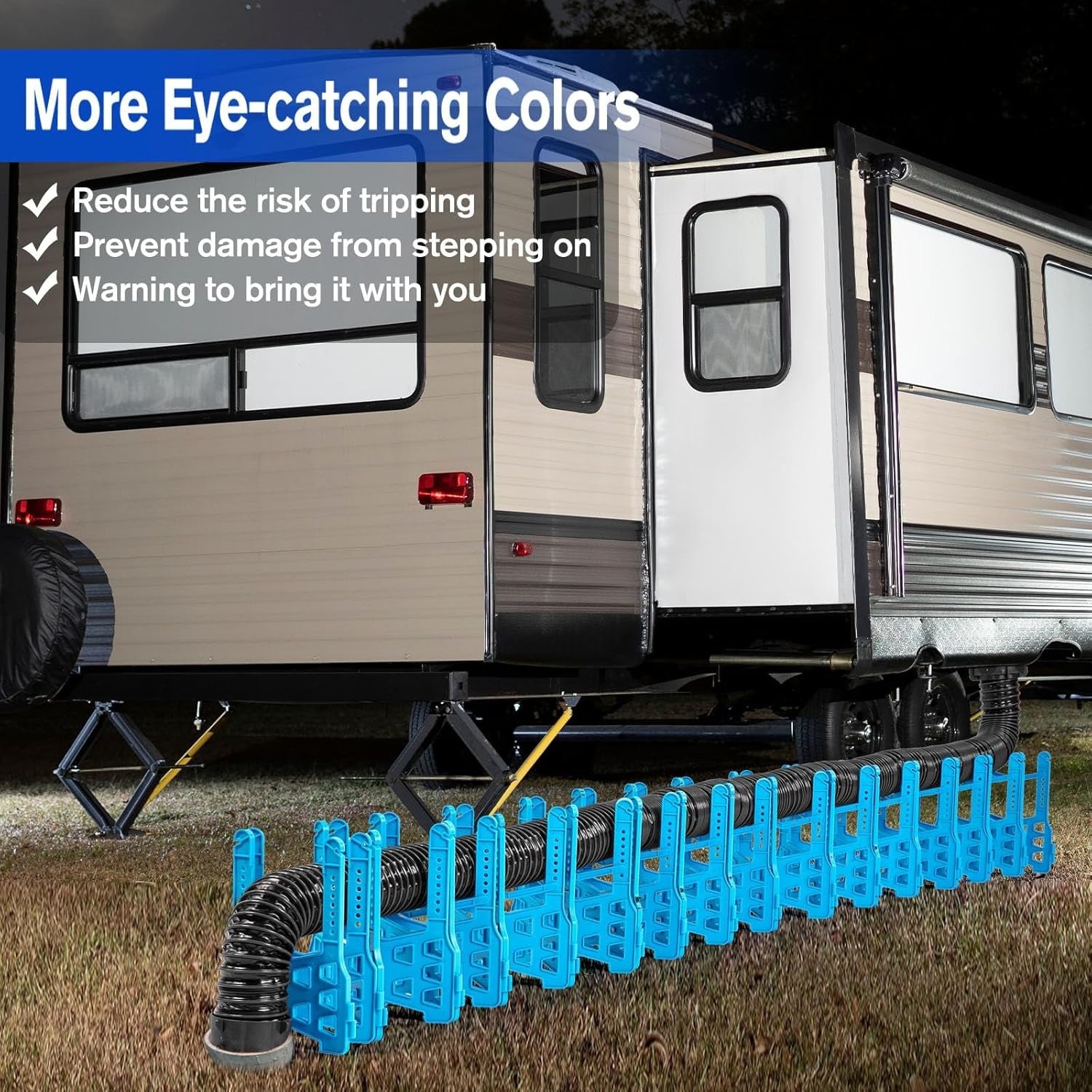 20FT RV Sewer Hose Support – Adjustable Height with Deep Cradles & Rubber Bands