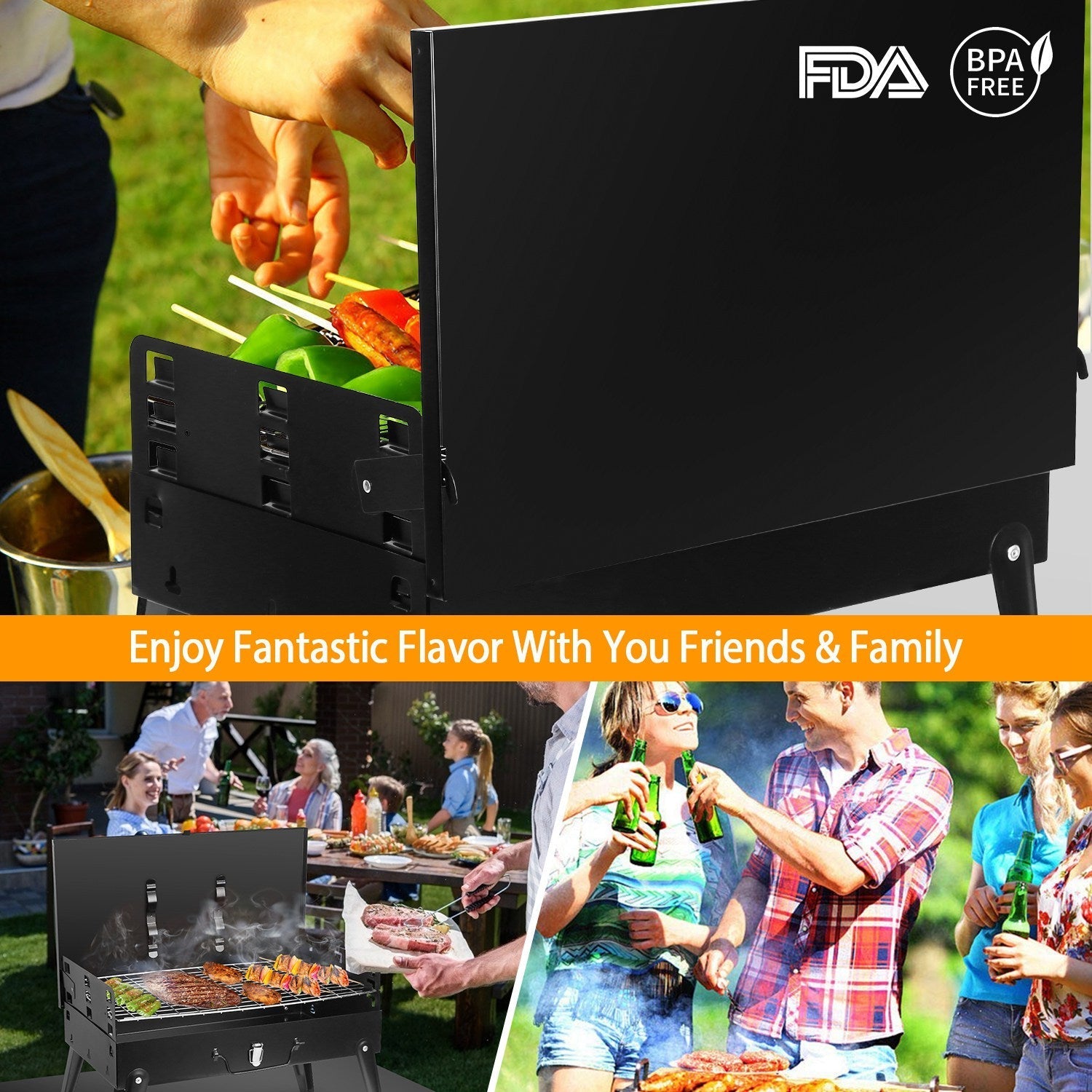 Portable Charcoal BBQ Suitcase Grill – Foldable with Shelf, 16.7" x 10" x 17.7"