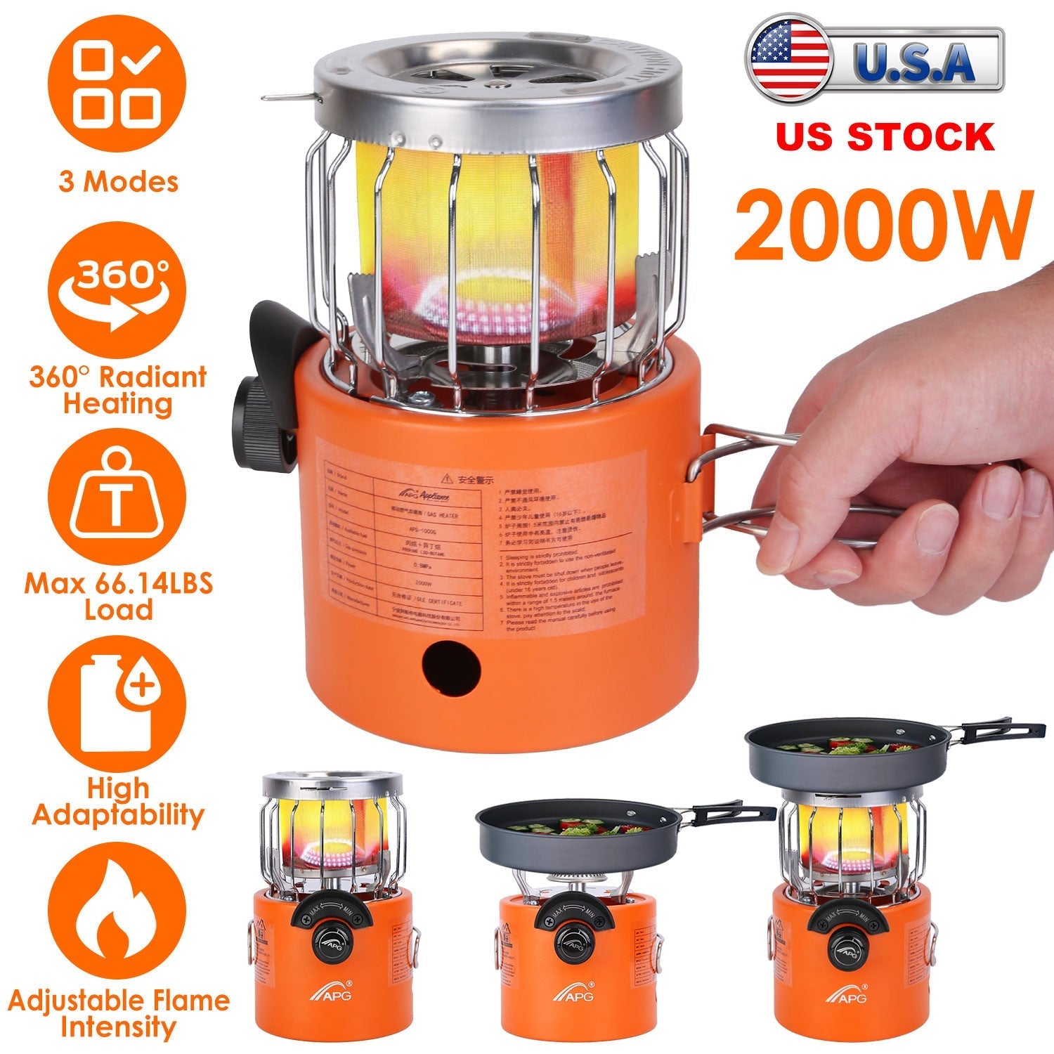 2-in-1 Camping Stove & Tent Heater – 2000W, 360° Radiant Heat, 3 Modes