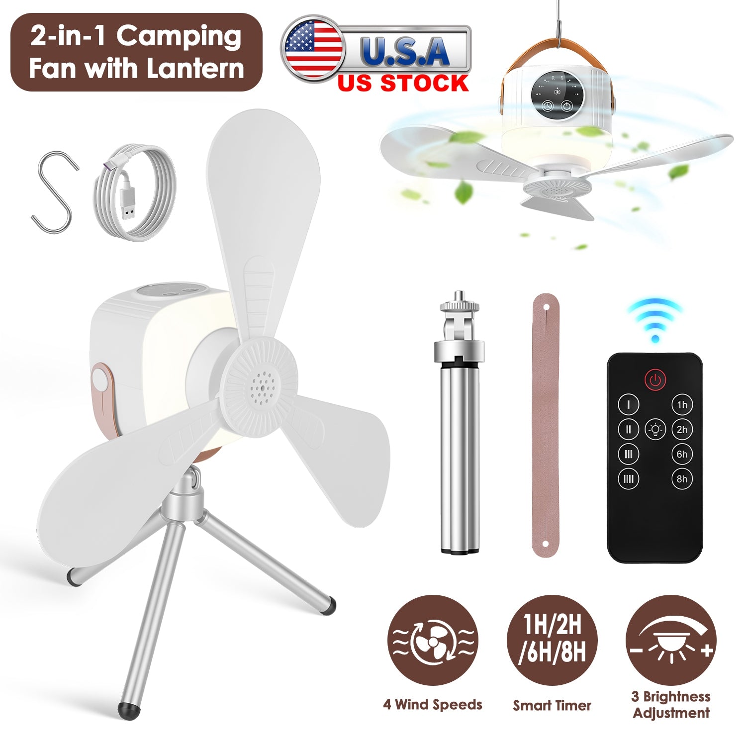 Rechargeable Tent Ceiling Fan with LED Light & Remote Control – 7200mAh