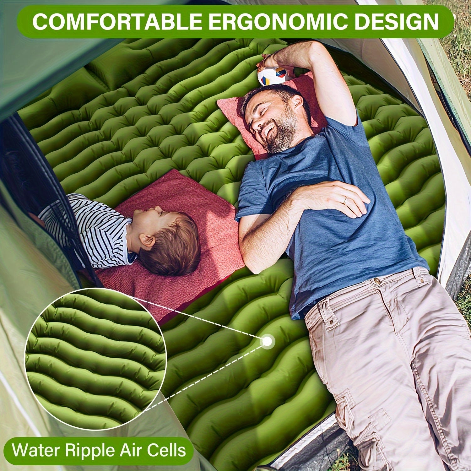 Extra-Thick Double Sleeping Pad – 4" Self-Inflating with Pillows & Foot Pump