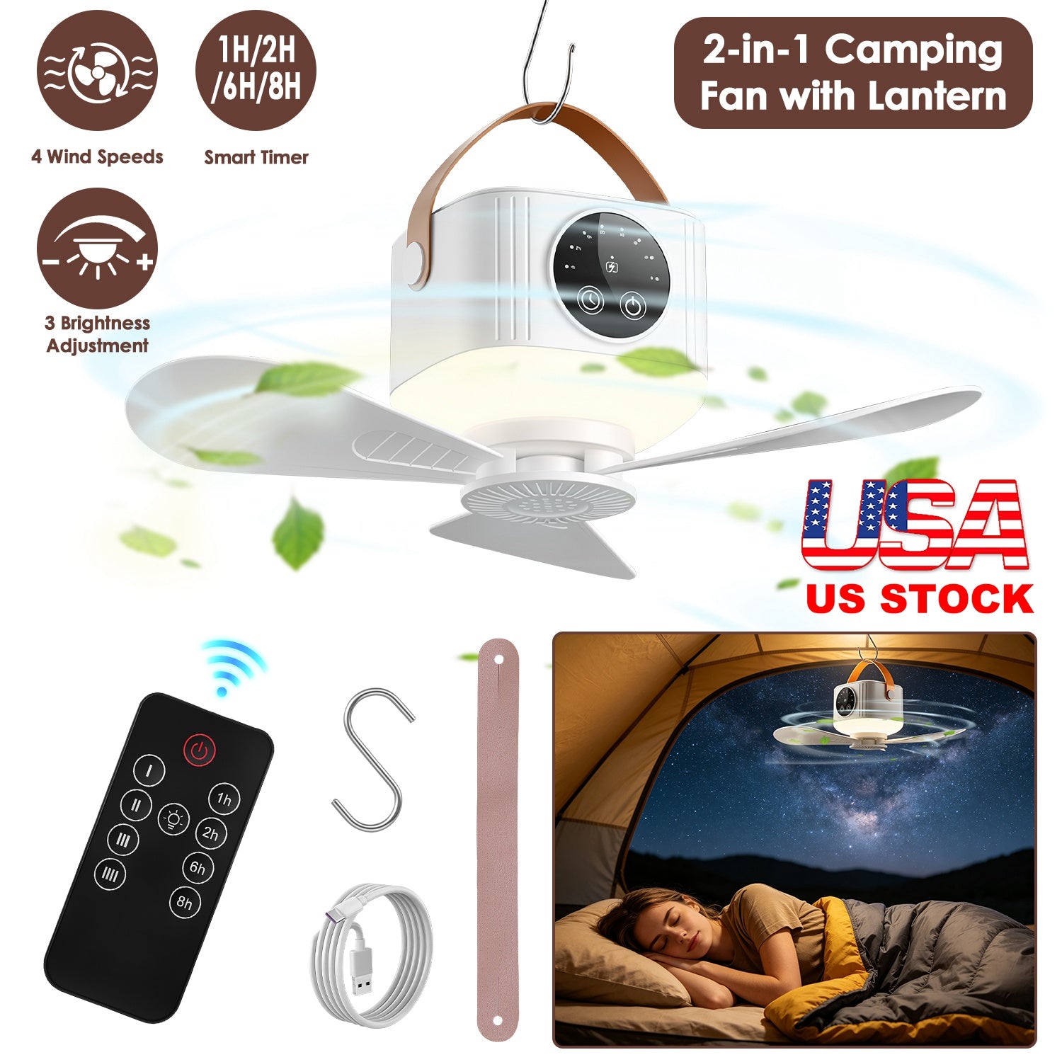 Rechargeable Tent Ceiling Fan with LED Light & Remote Control – 7200mAh
