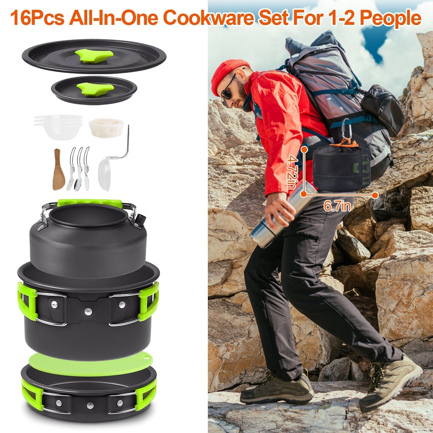 16-Piece Camping Cookware Set – Aluminum Pot, Pan, Kettle & Utensil Kit