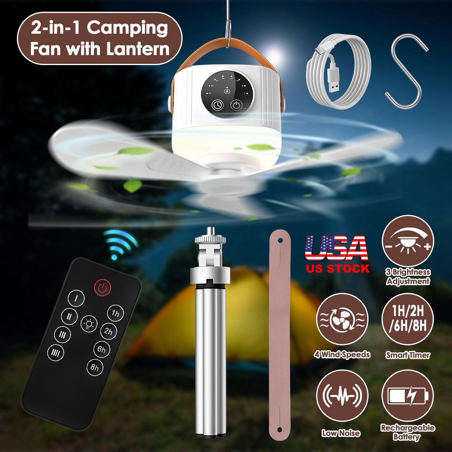 Rechargeable Tent Ceiling Fan with LED Light & Remote Control – 7200mAh