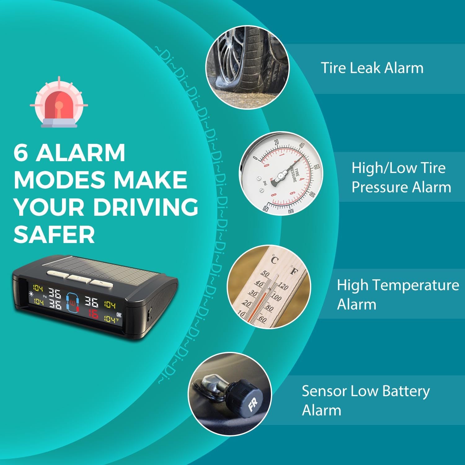 Solar-Powered Wireless TPMS – 4 External Sensors with LCD Display