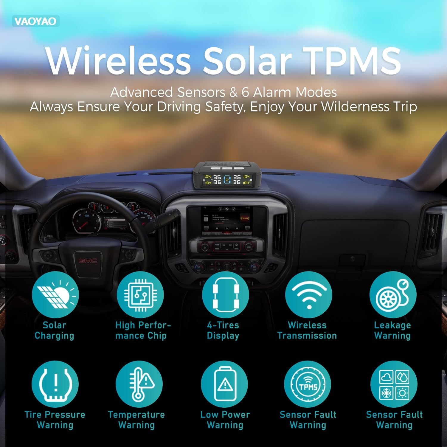 Solar-Powered Wireless TPMS – 4 External Sensors with LCD Display