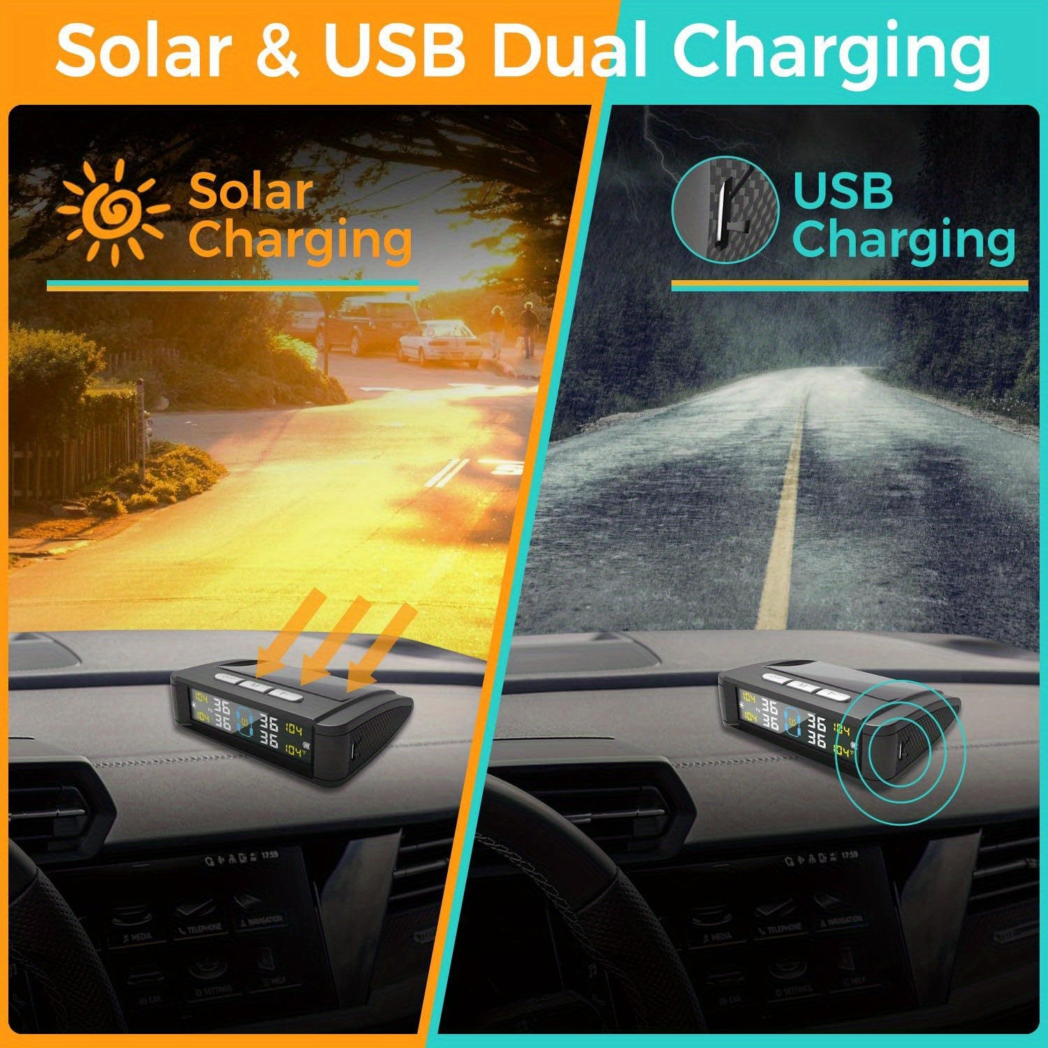Solar-Powered Wireless TPMS – 4 External Sensors with LCD Display