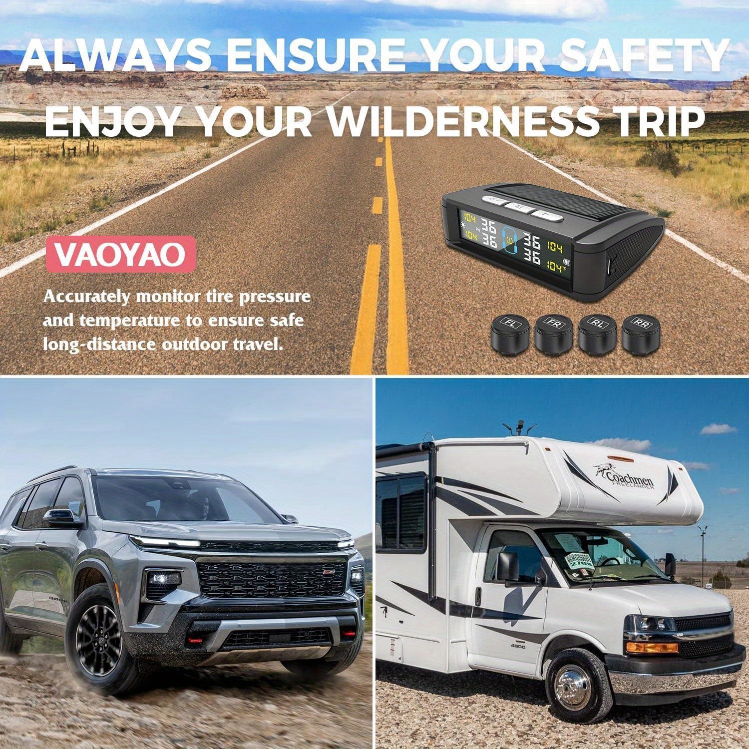 Solar-Powered Wireless TPMS – 4 External Sensors with LCD Display