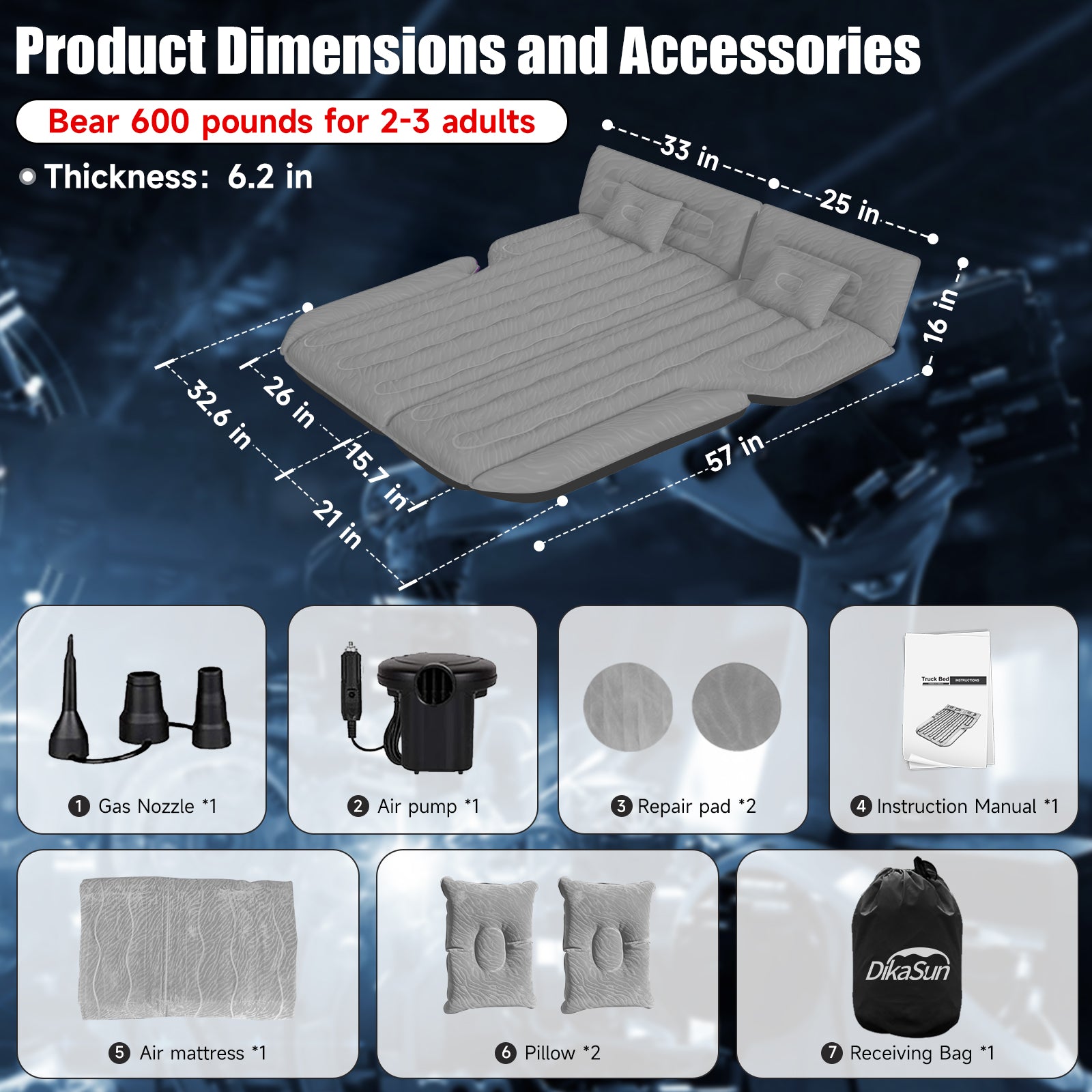 DikaSun Universal SUV Air Mattress – Extra-Thick Flocking, 4-Chamber Design | Grey
