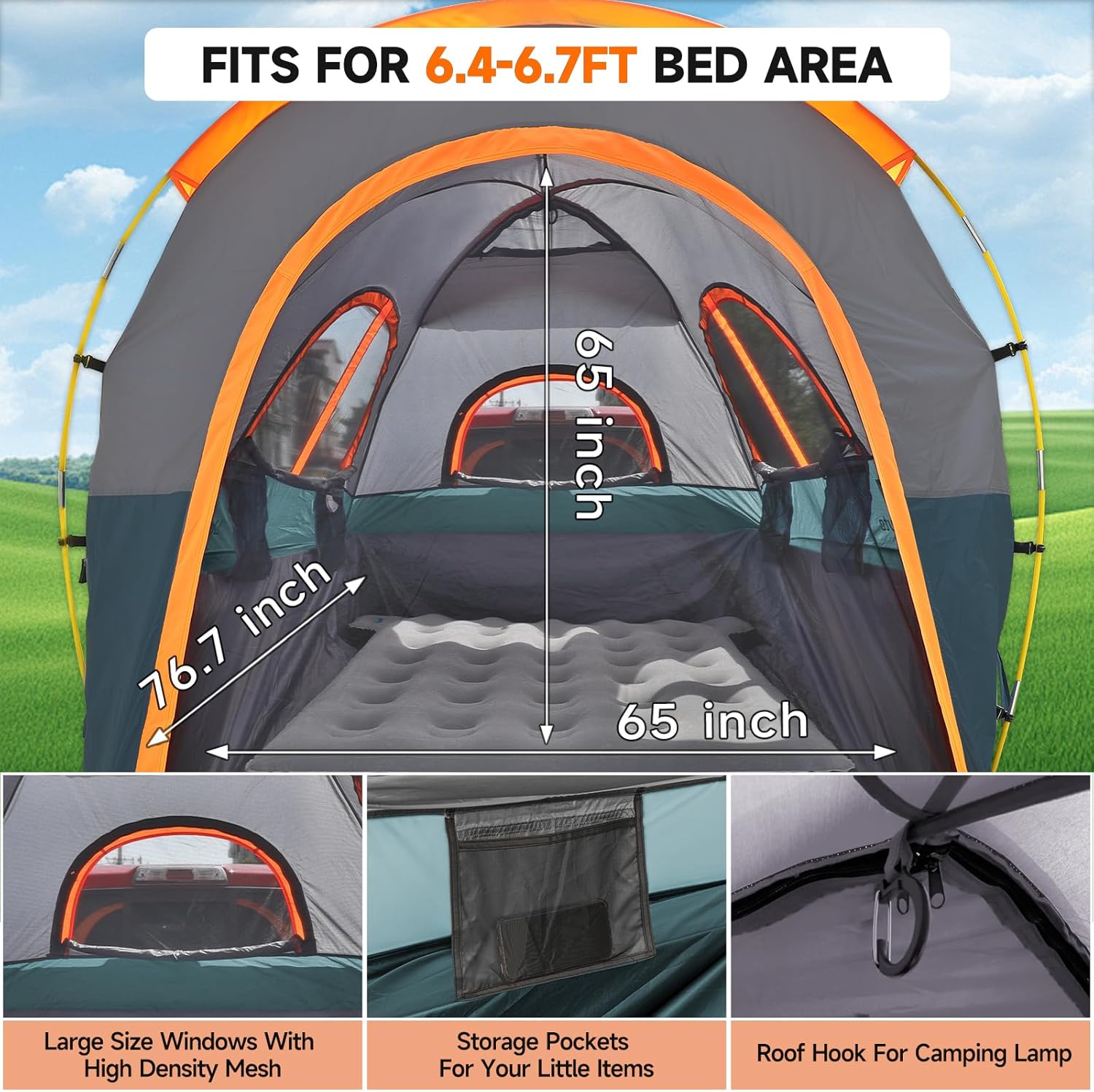 Umbrauto Truck Bed Tent with Awning | Fits 6.4–6.7 ft Beds | PU3000 Waterproof | 3 Colors