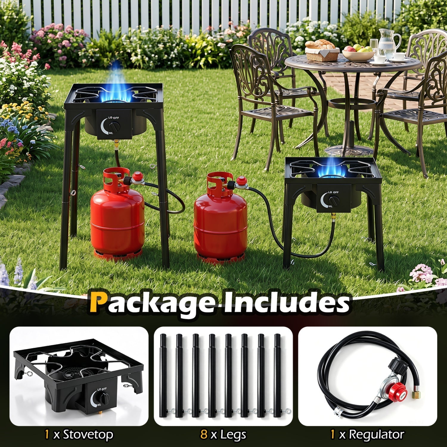 Single Burner Propane Camping Stove – 80,000 BTU with Regulator & 8-Leg Stand