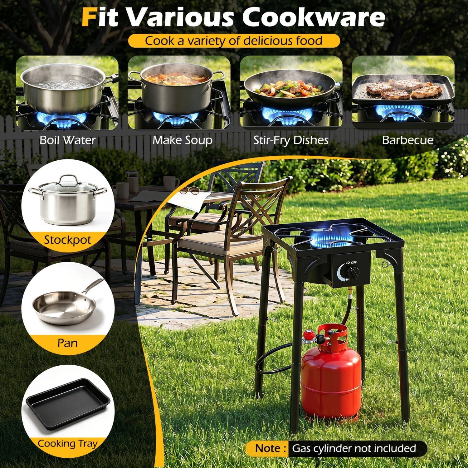 Single Burner Propane Camping Stove – 80,000 BTU with Regulator & 8-Leg Stand