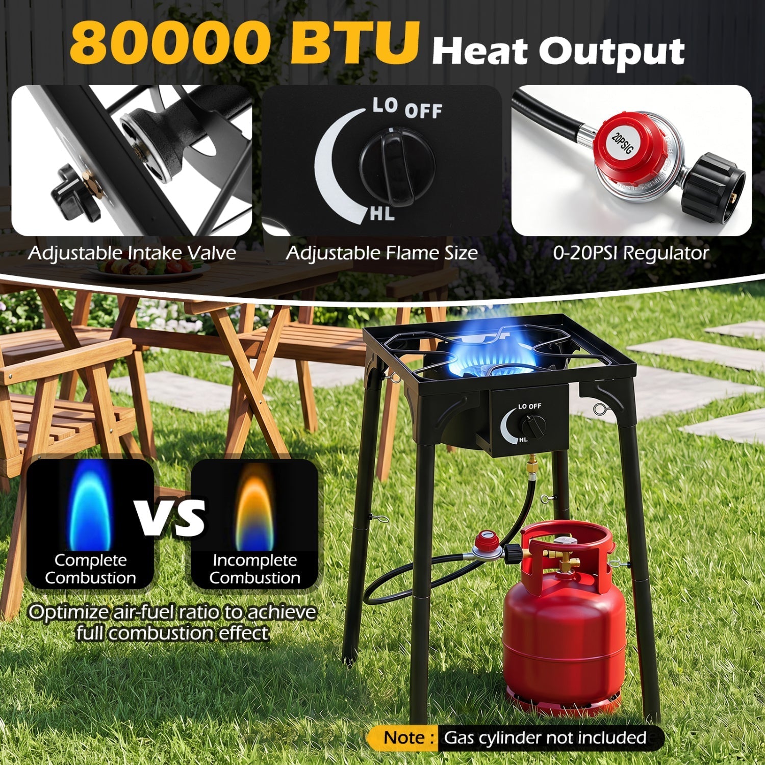Single Burner Propane Camping Stove – 80,000 BTU with Regulator & 8-Leg Stand