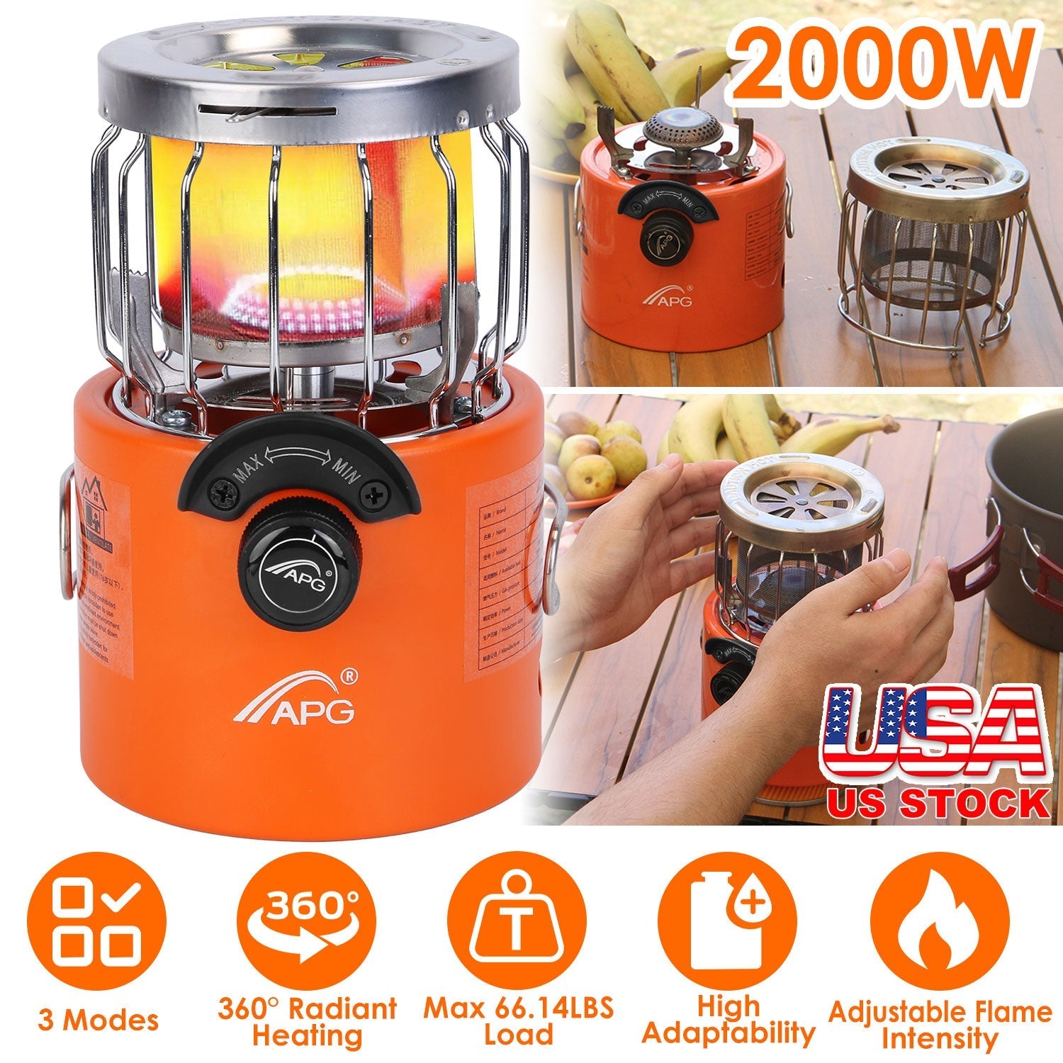 2-in-1 Camping Stove & Tent Heater – 2000W, 360° Radiant Heat, 3 Modes