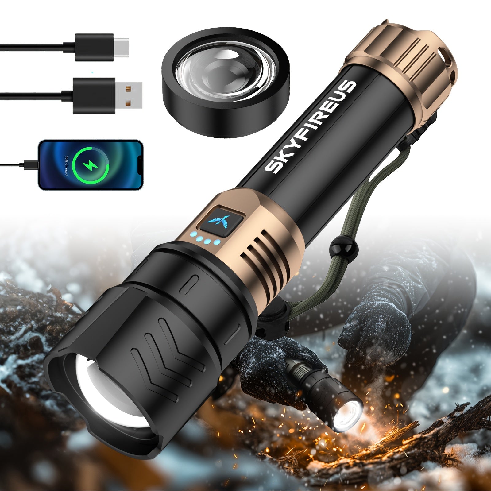 SKYFIRE High-Lumen Rechargeable LED Flashlight – Zoomable, 4 Modes