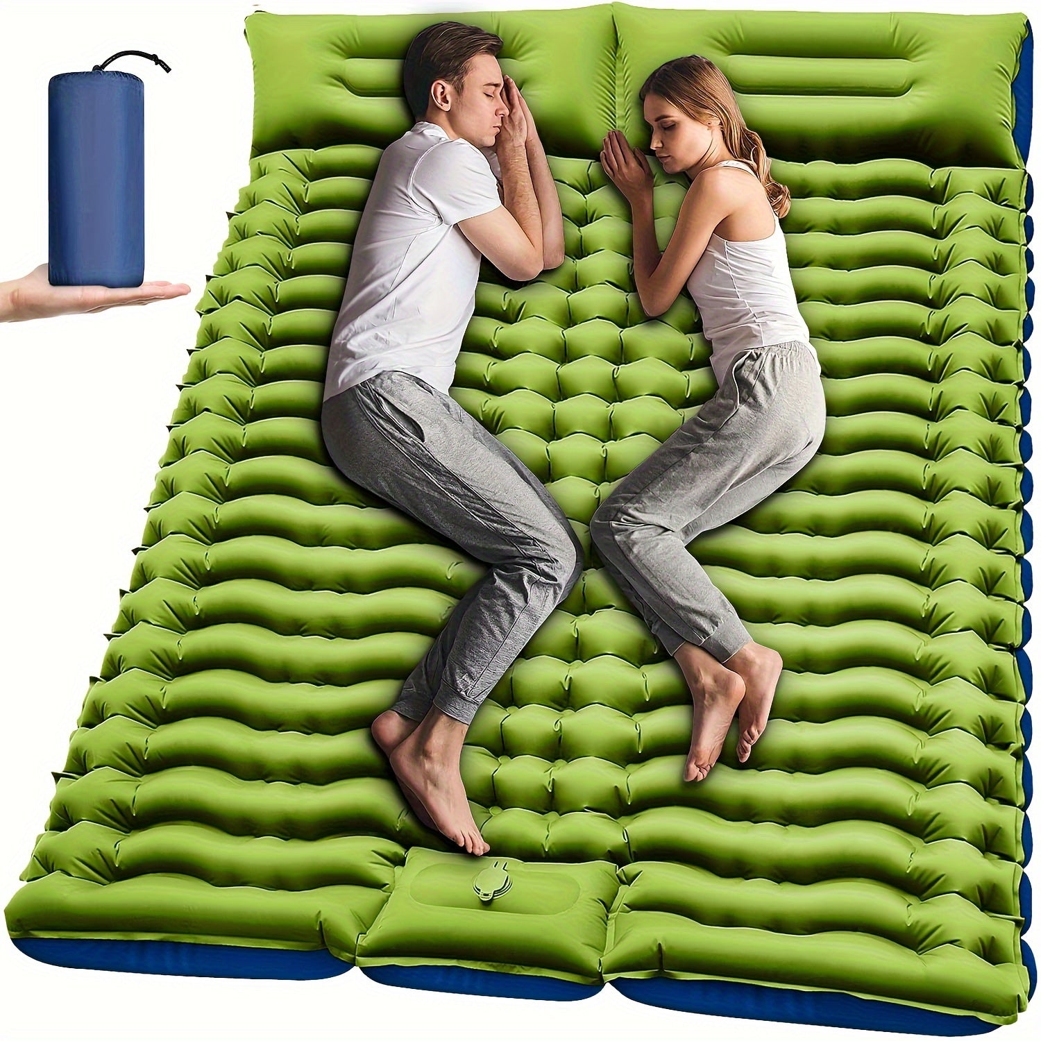 Extra-Thick Double Sleeping Pad – 4" Self-Inflating with Pillows & Foot Pump