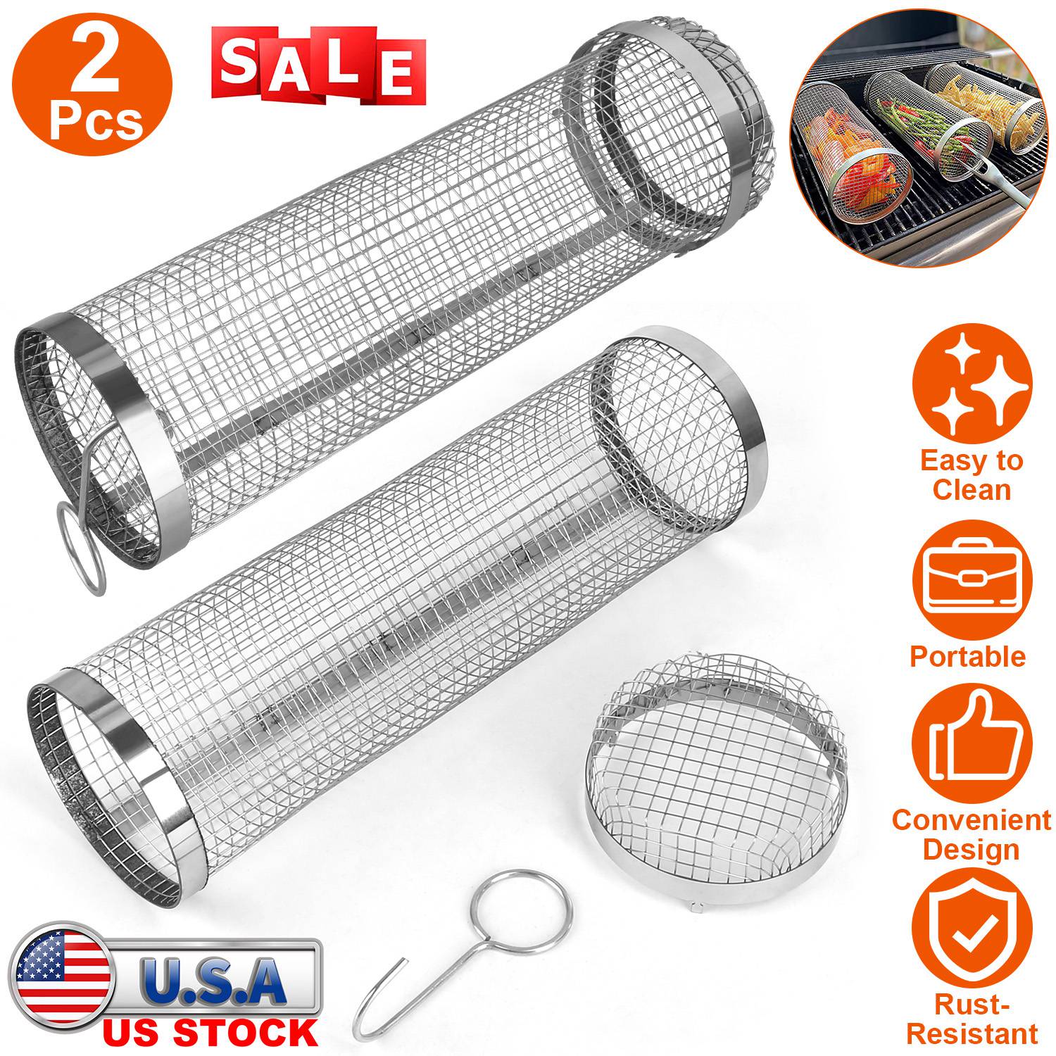 BBQ Rolling Basket – 2-Pack Stainless Steel Grill Mesh Tubes with Removable Cover