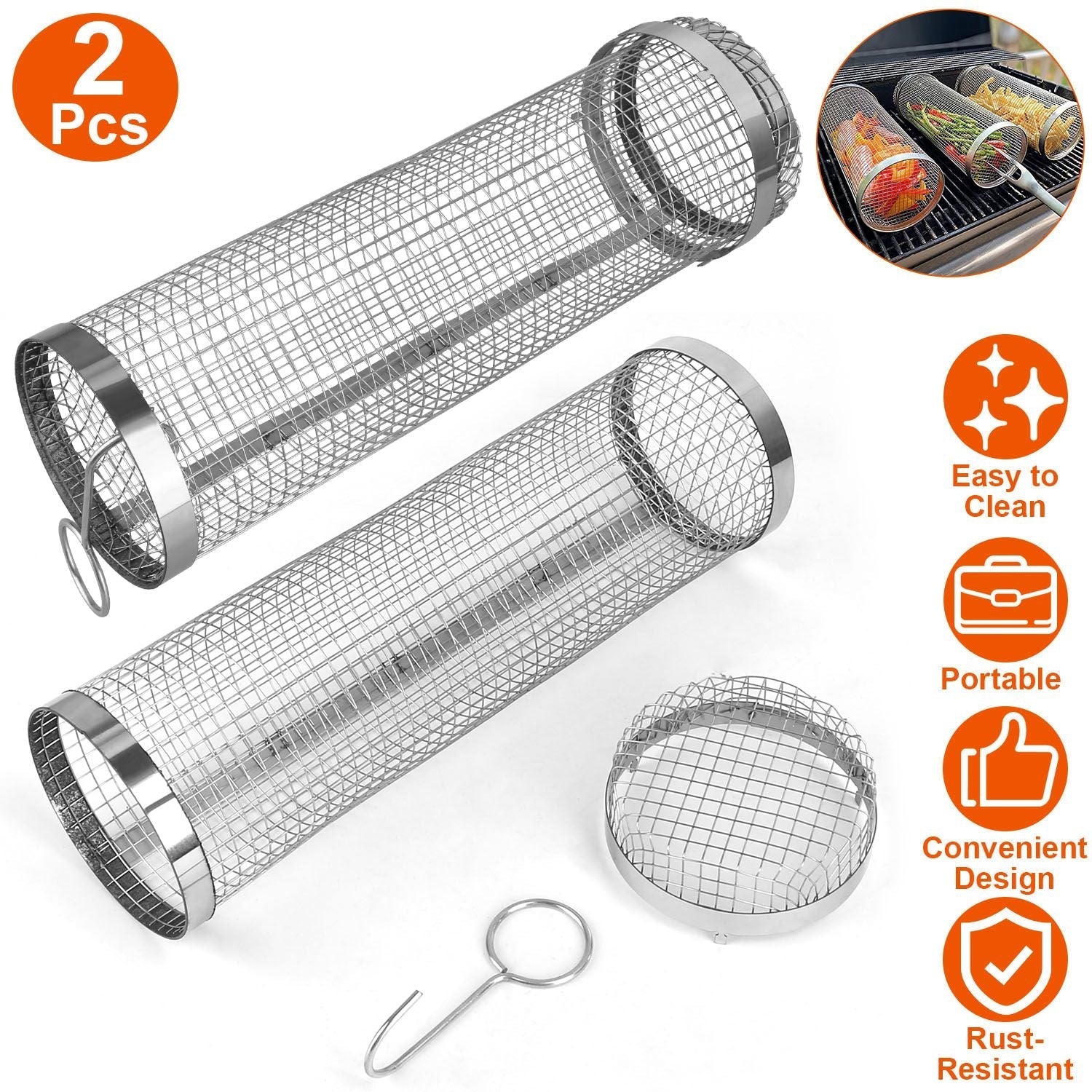 BBQ Rolling Basket – 2-Pack Stainless Steel Grill Mesh Tubes with Removable Cover
