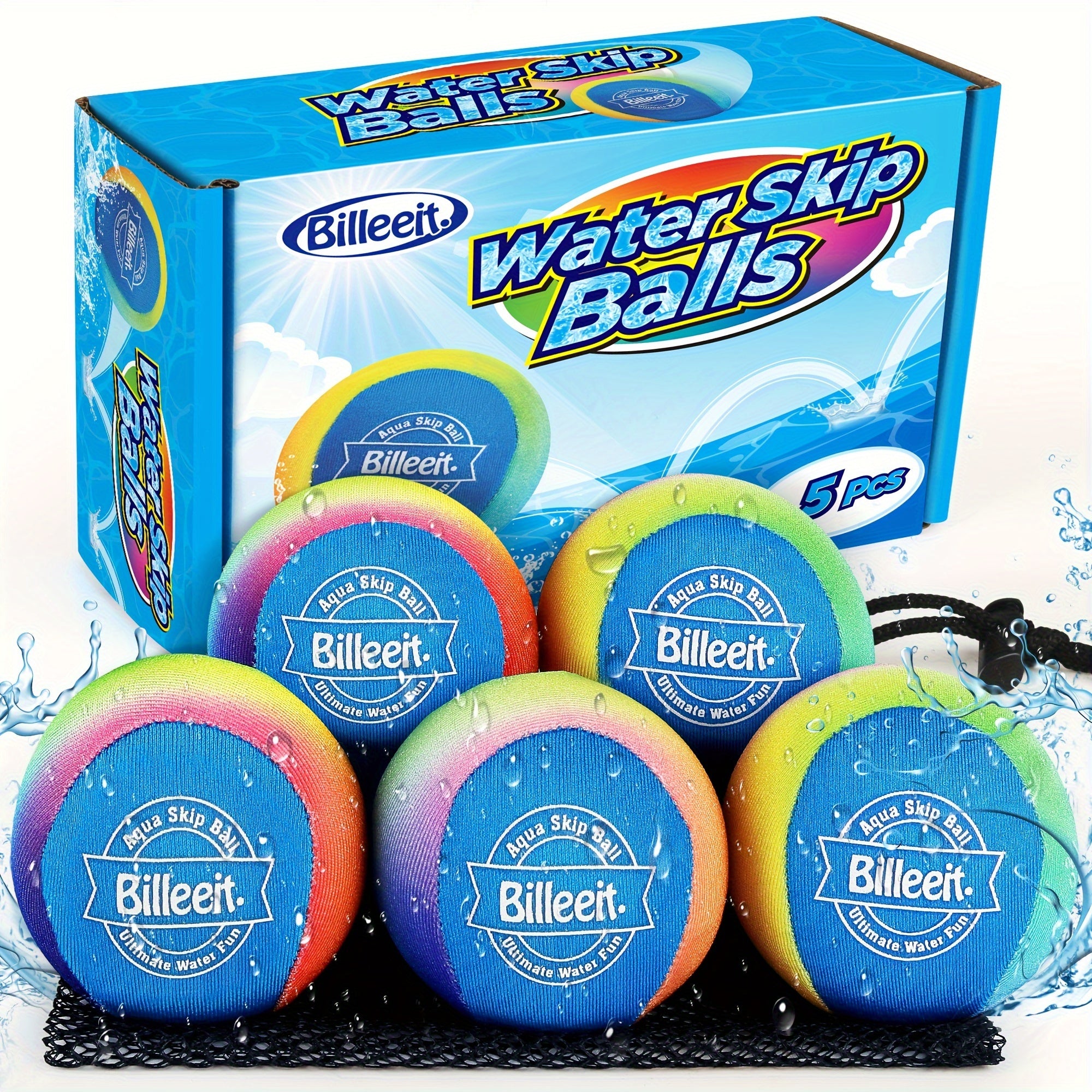 5-Piece Rainbow Water Skipping Balls – Pool & Beach Fun with Mesh Bag