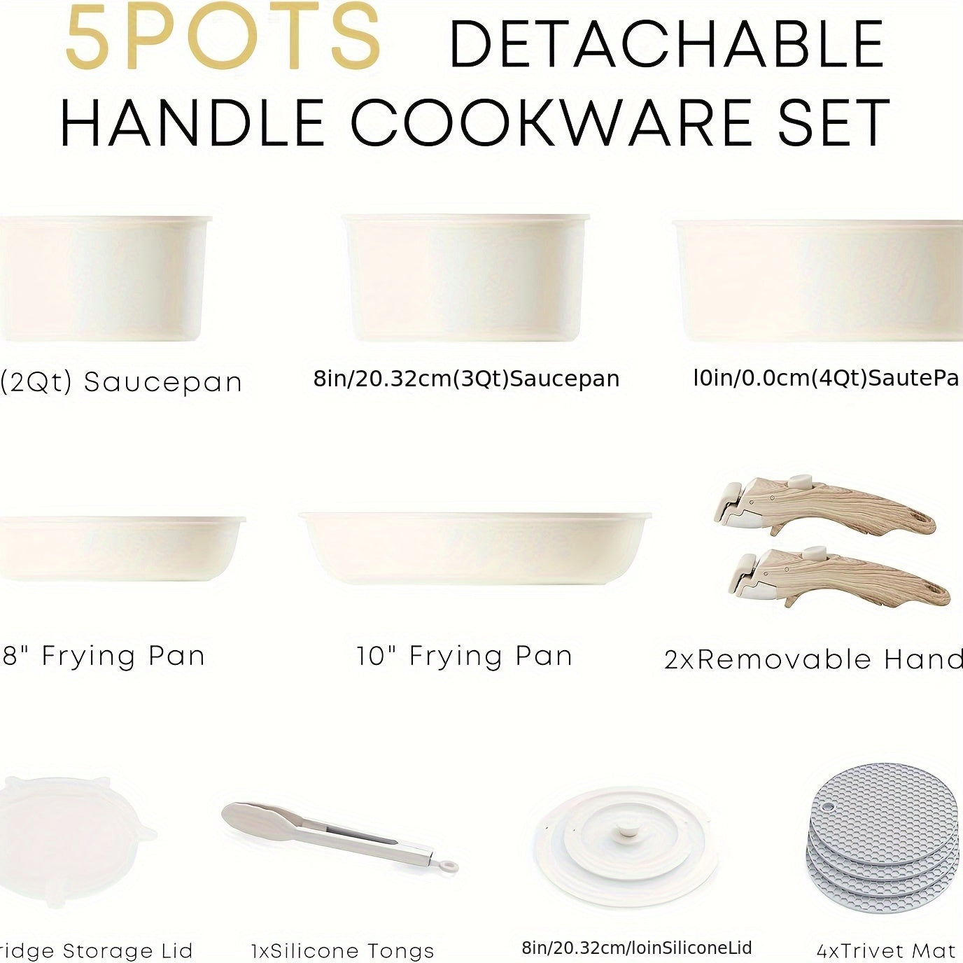 5-Piece Detachable Nonstick Cookware Set – Stackable Pots & Pans with Removable Handles