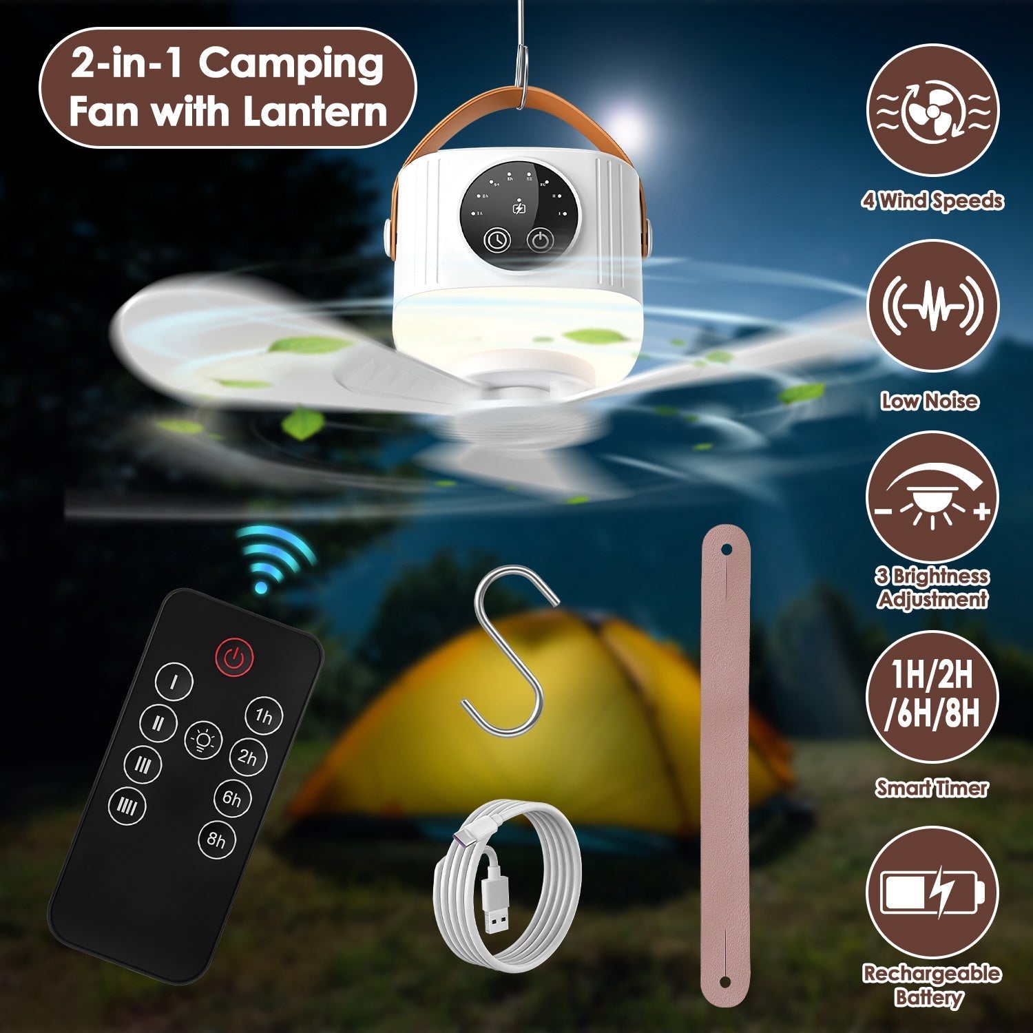 Rechargeable Tent Ceiling Fan with LED Light & Remote Control – 7200mAh