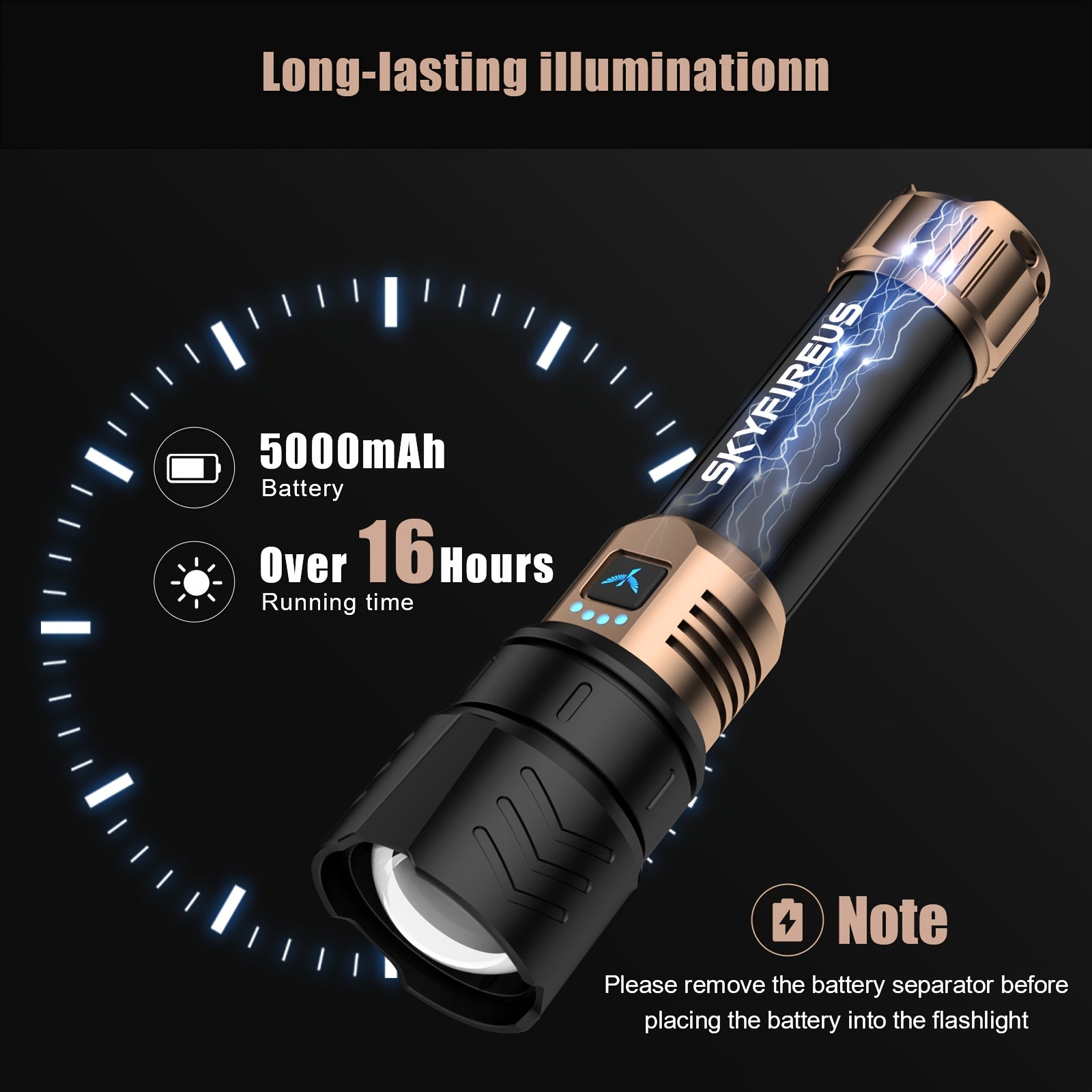 SKYFIRE High-Lumen Rechargeable LED Flashlight – Zoomable, 4 Modes