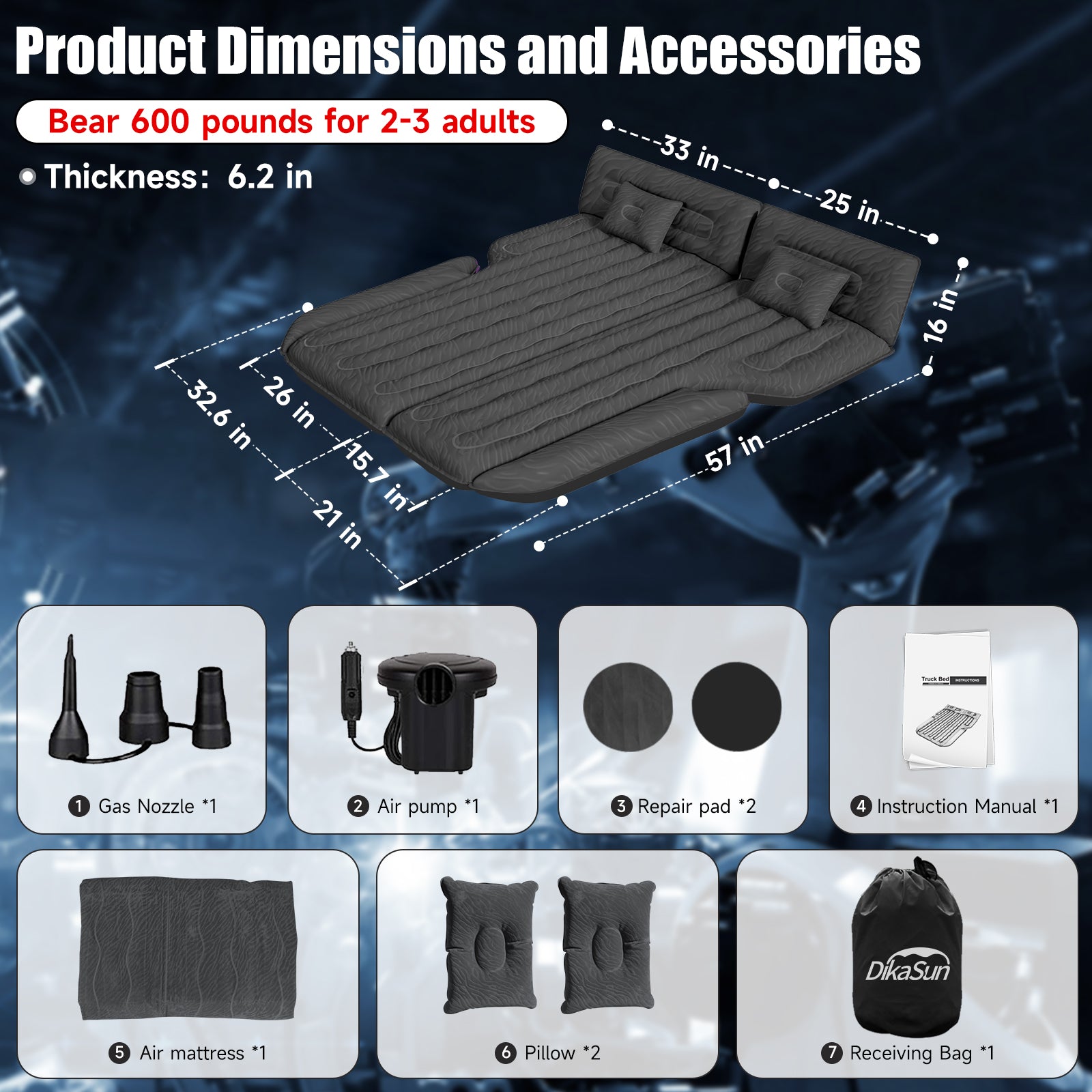DikaSun Universal SUV Air Mattress – Extra-Thick Flocking, 4-Chamber Design | Black