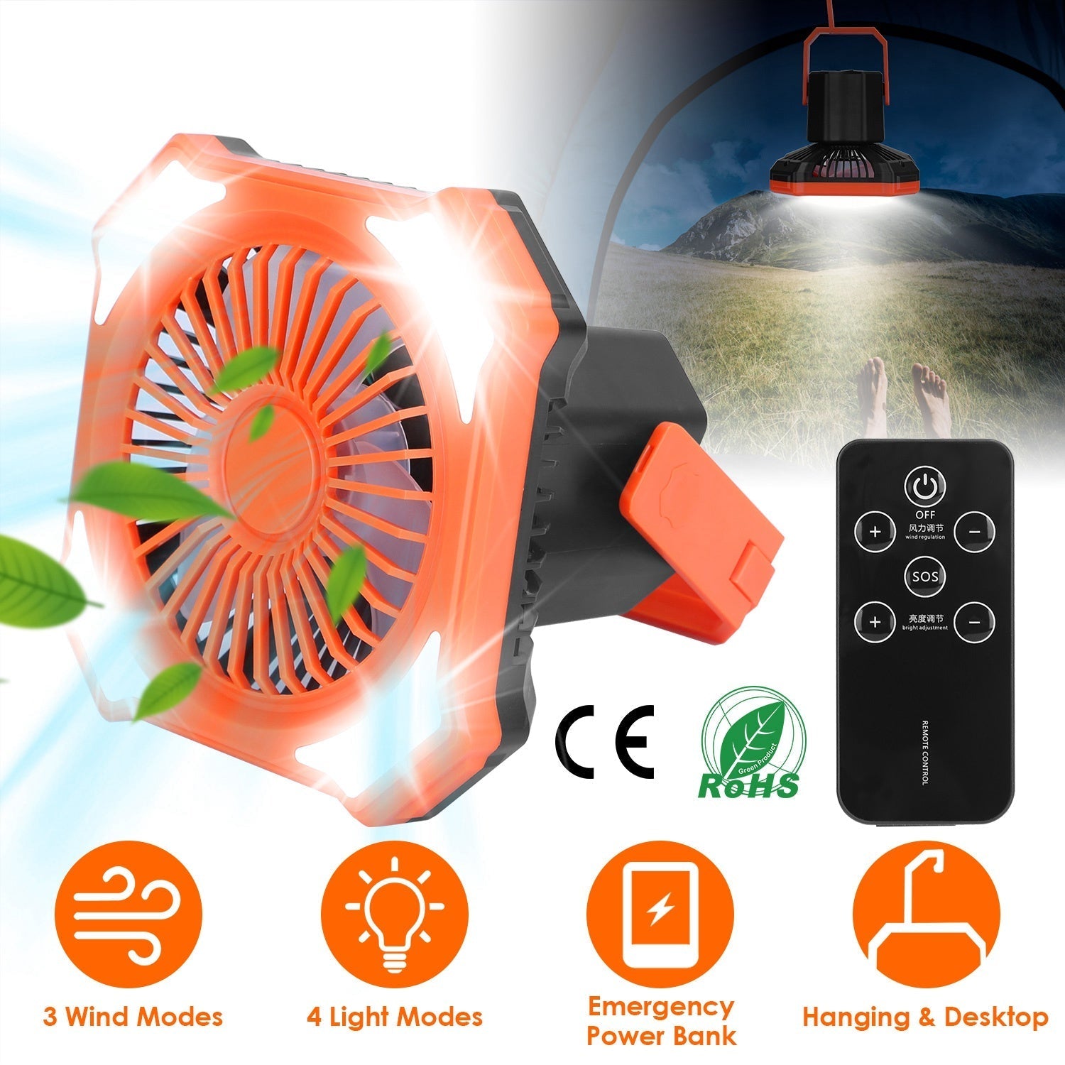 Portable Camping Lantern Fan – 10,000mAh, 4 Light Modes, Power Bank & Remote