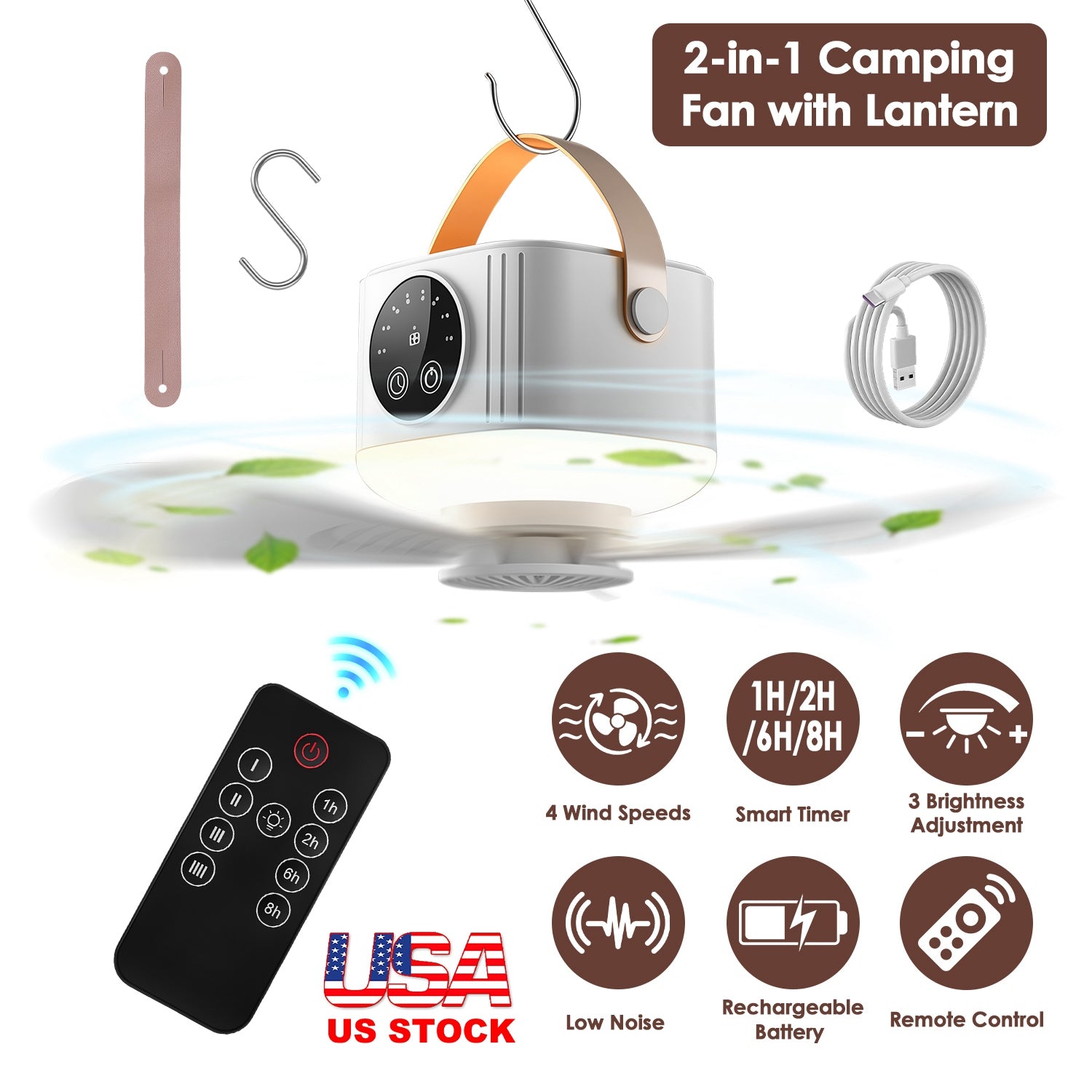Rechargeable Tent Ceiling Fan with LED Light & Remote Control – 7200mAh